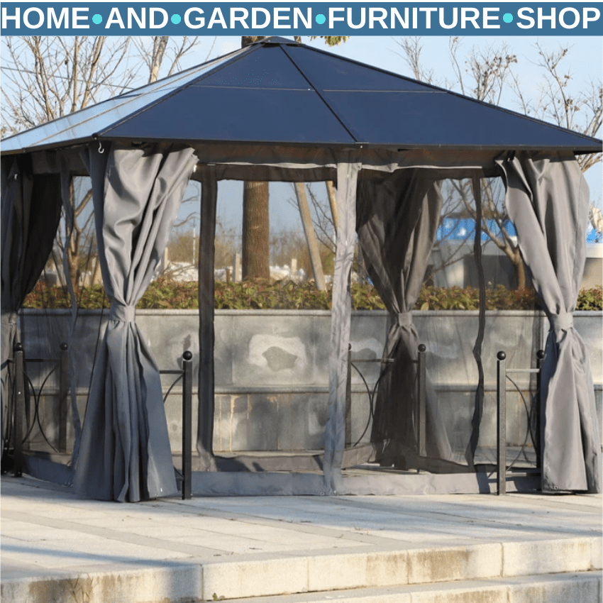 Heavy Duty Gazebo Metal 3x3m Hard Top Polycarbonate Roof Curtains Garden Shelter - Home and Garden Furniture Shop - rustic - furniture