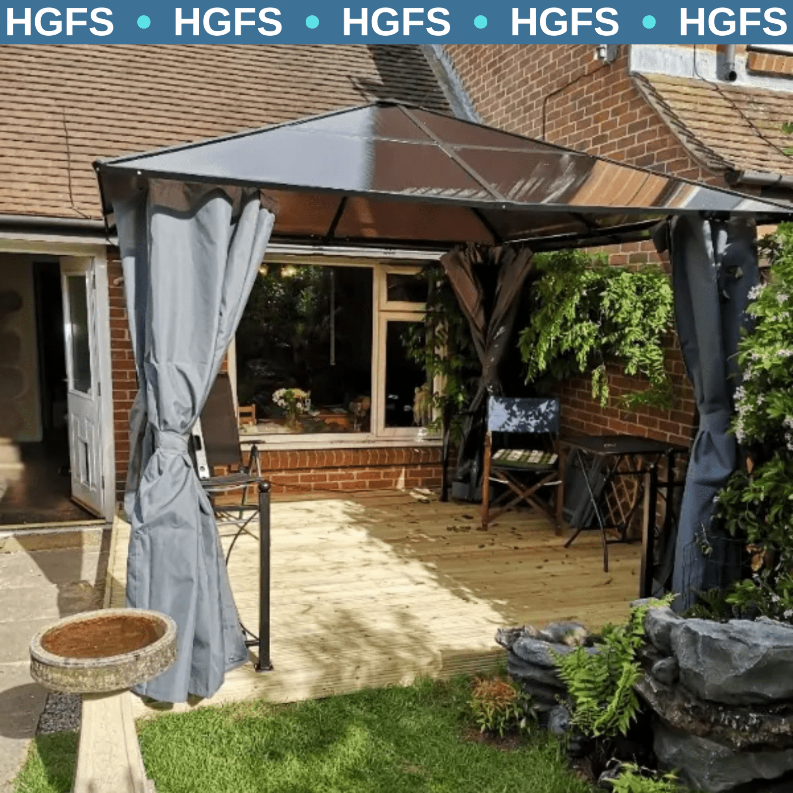 Heavy Duty Gazebo Metal 3x3m Hard Top Polycarbonate Roof Curtains Garden Shelter - Home and Garden Furniture Shop - rustic - furniture