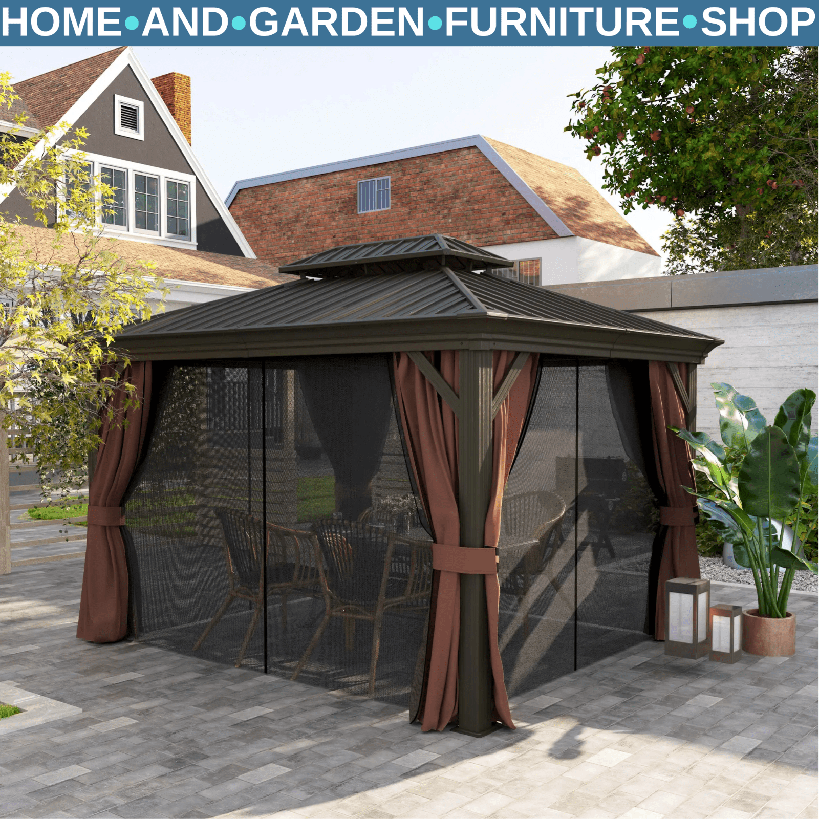 Heavy Duty Gazebo with Sides 3 x 3.7m Metal Hardtop Gazebo Canopy 2 Tier Roof - Home and Garden Furniture Shop - rustic - furniture