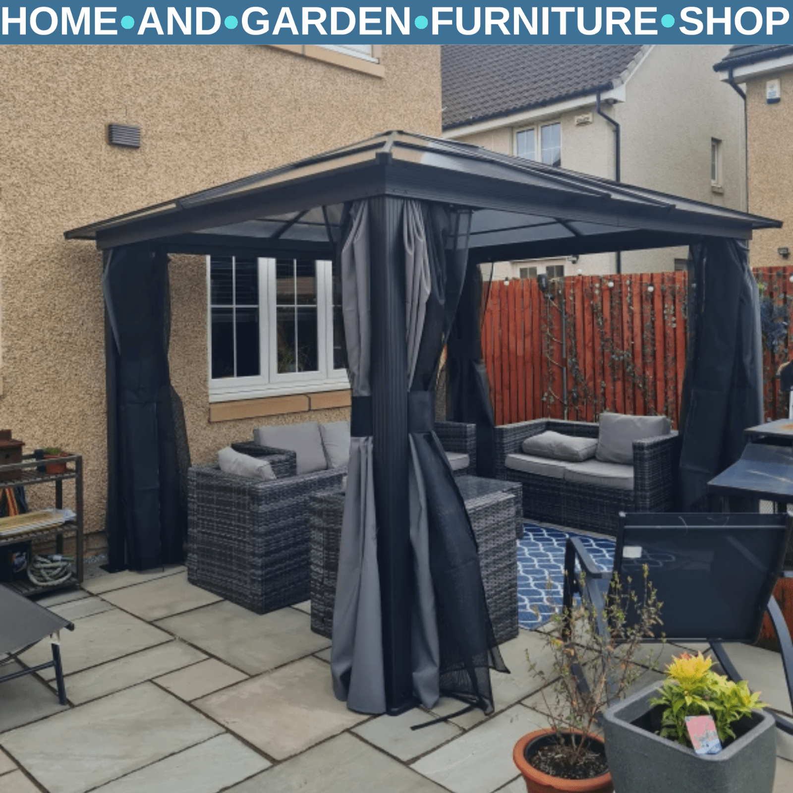 Heavy Duty Metal Gazebo Polycarbonate Hardtop Roof Canopy Side Curtains 3 x 3.6m - Home and Garden Furniture Shop - rustic - furniture