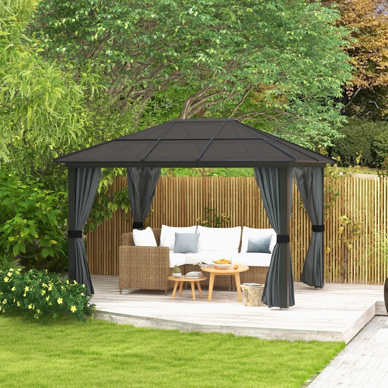 Heavy Duty Metal Gazebo Polycarbonate Hardtop Roof Canopy Side Curtains 3 x 3.6m - Home and Garden Furniture Shop - rustic - furniture