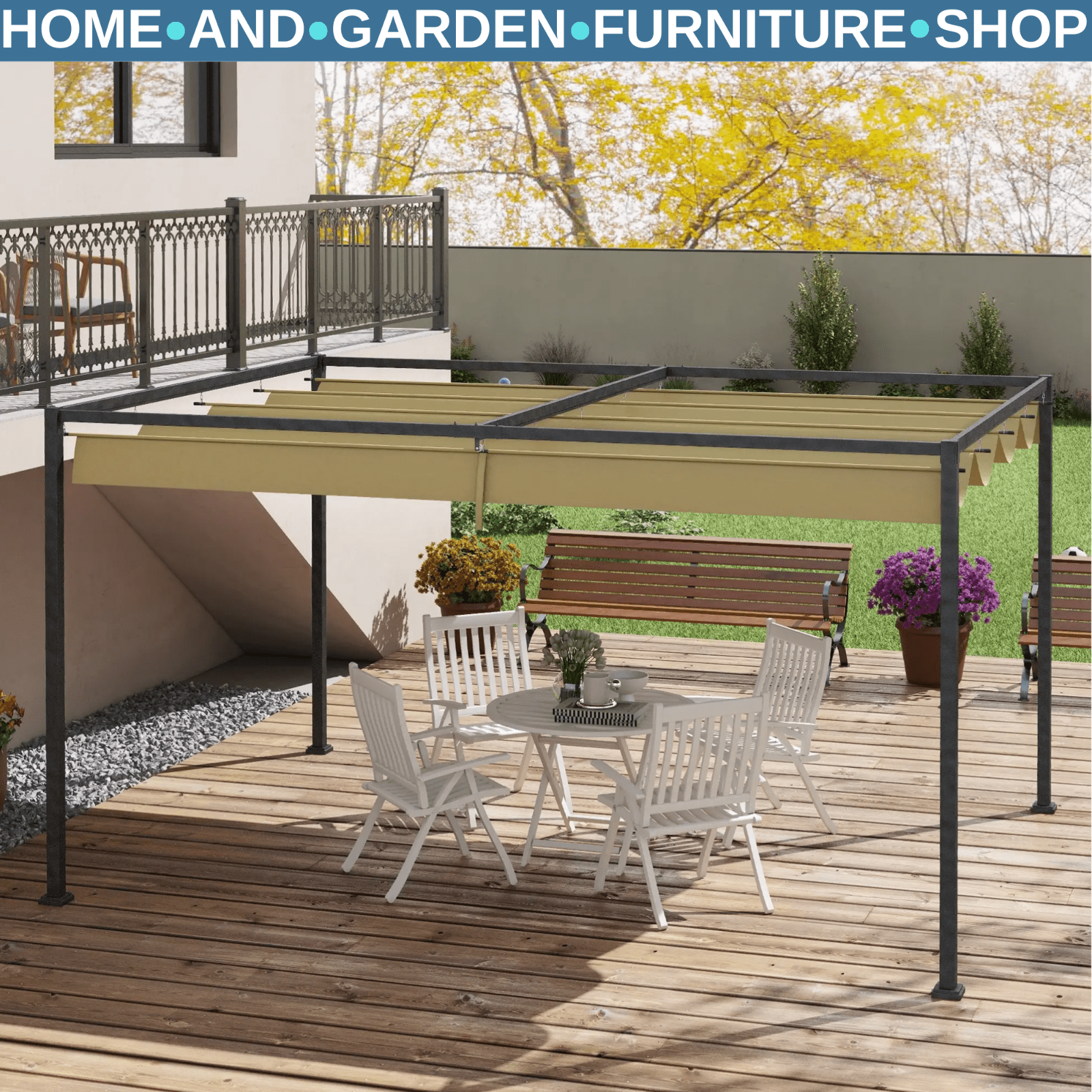 Heavy Duty Metal Pergola Retractable Canopy Patio Gazebo Sun Shelter4x3(m) Cover - Home and Garden Furniture Shop - rustic - furniture
