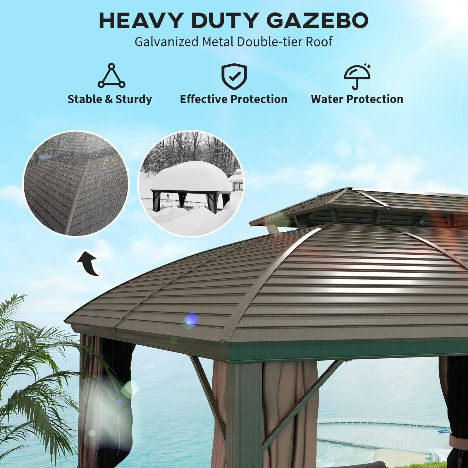 Heavy Duty Outdoor Metal Gazebo with Hardtop Double Roof Brown Sides 3.65 x 3m - Home and Garden Furniture Shop - #rustic - furniture#