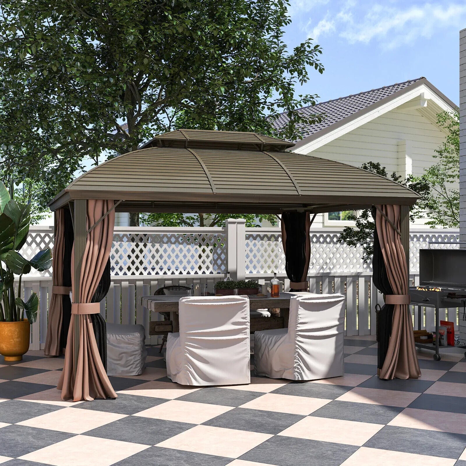 Heavy Duty Outdoor Metal Gazebo with Hardtop Double Roof Brown Sides 3.65 x 3m - Home and Garden Furniture Shop - #rustic - furniture#