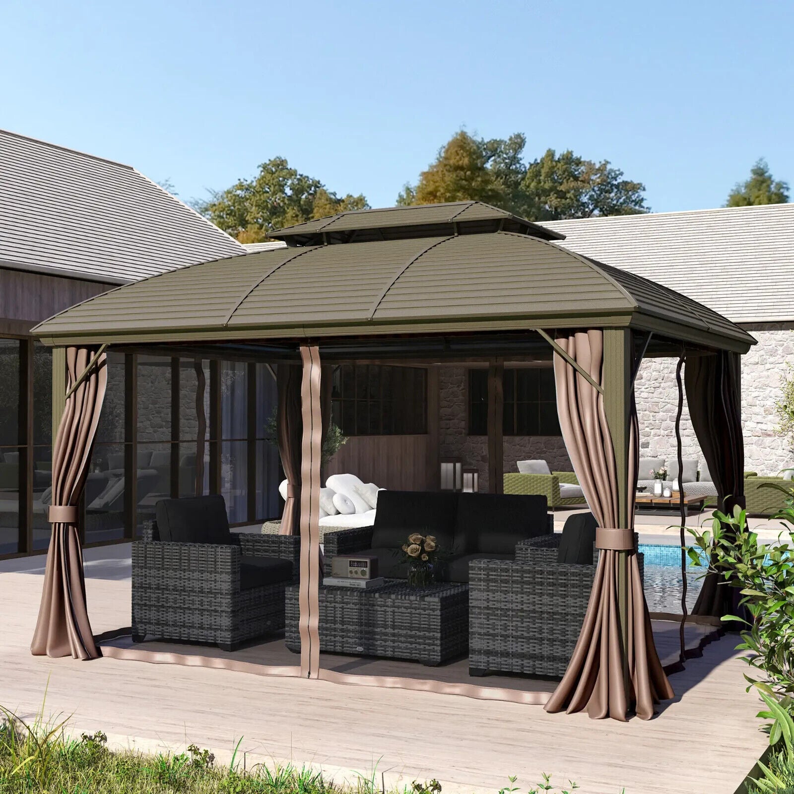 Heavy Duty Outdoor Metal Gazebo with Hardtop Double Roof Brown Sides 3.65 x 3m - Home and Garden Furniture Shop - #rustic - furniture#