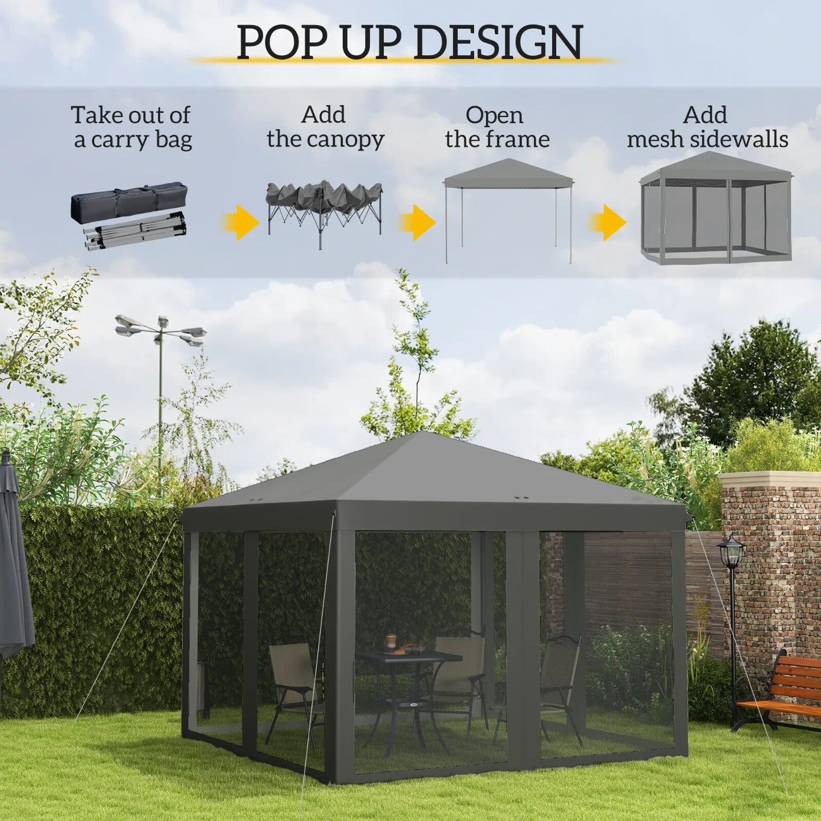 Heavy Duty Pop Up Garden Gazebo with Sides Grey Party Tent Outdoor Event Shelter - Home and Garden Furniture Shop - rustic - furniture