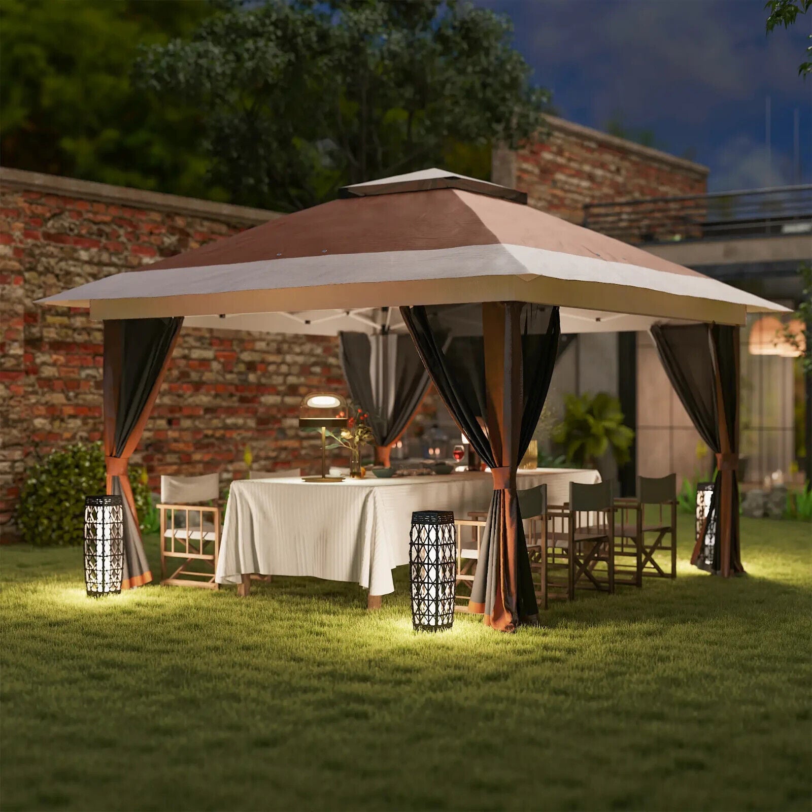 Heavy Duty Pop Up Gazebo with Netting Curtains 3.6 x 3.6m Garden Marquee Beige - Home and Garden Furniture Shop - #rustic - furniture#