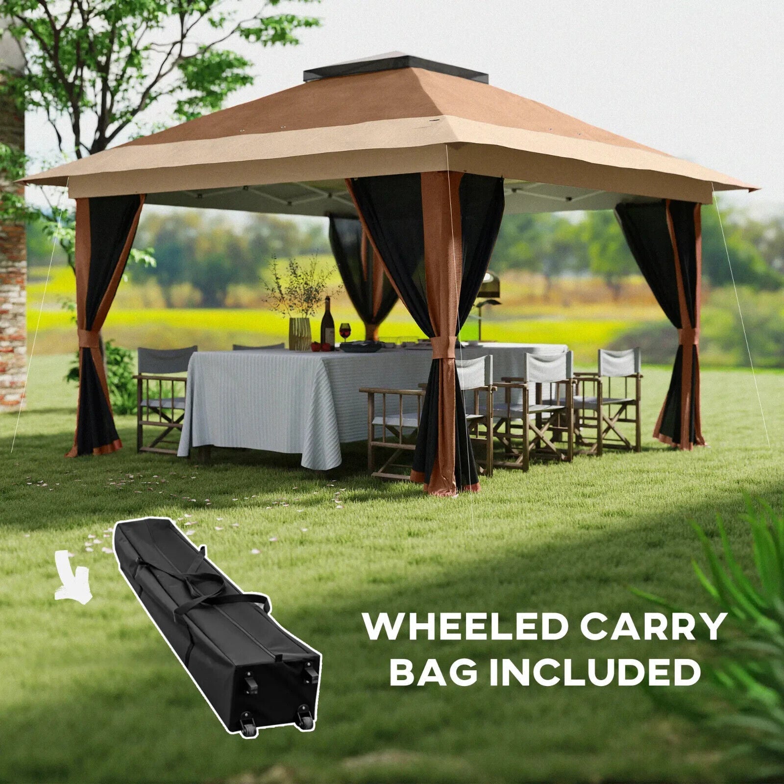 Heavy Duty Pop Up Gazebo with Netting Curtains 3.6 x 3.6m Garden Marquee Beige - Home and Garden Furniture Shop - #rustic - furniture#