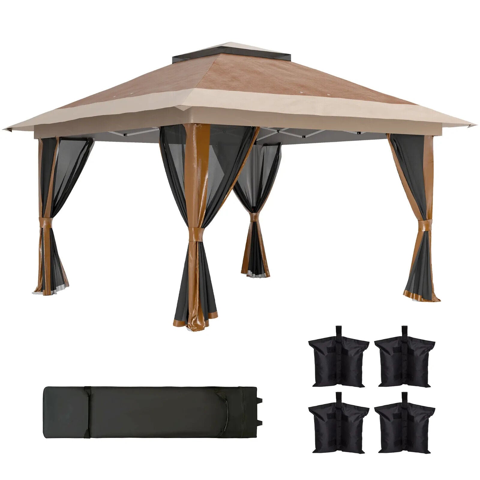 Heavy Duty Pop Up Gazebo with Netting Curtains 3.6 x 3.6m Garden Marquee Beige - Home and Garden Furniture Shop - #rustic - furniture#