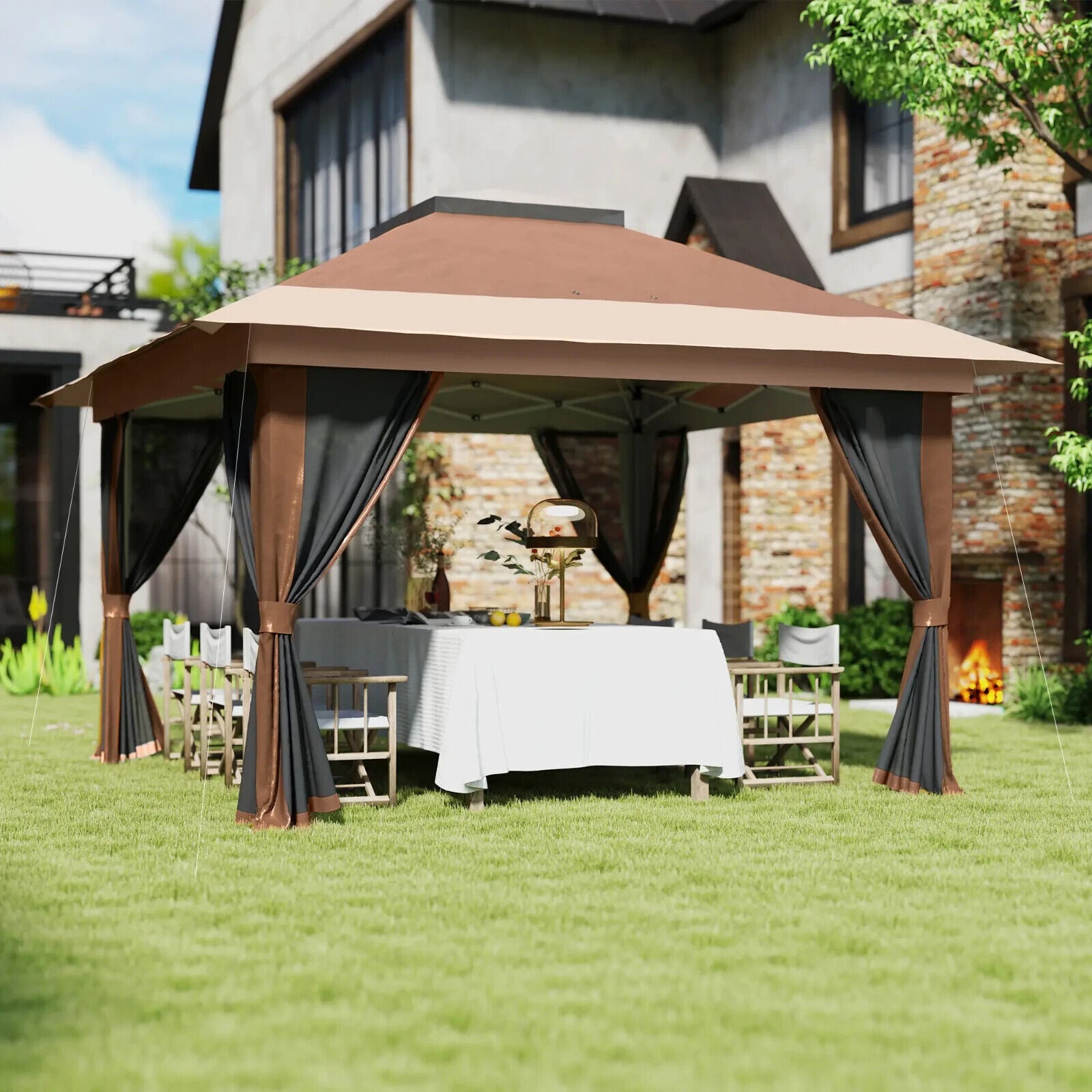 Heavy Duty Pop Up Gazebo with Netting Curtains 3.6 x 3.6m Garden Marquee Beige - Home and Garden Furniture Shop - #rustic - furniture#