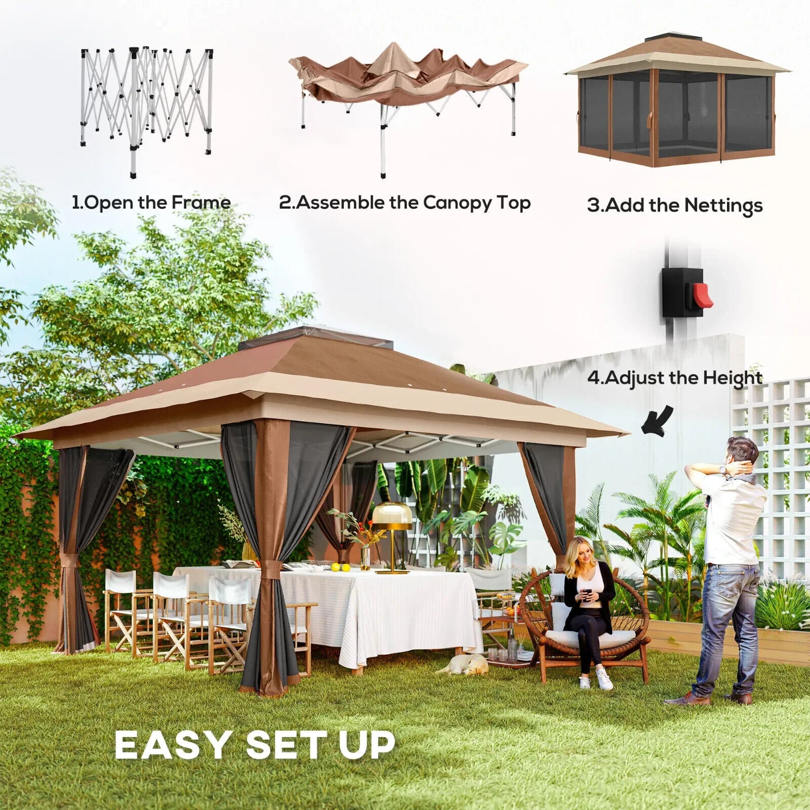 Heavy Duty Pop Up Gazebo with Netting Curtains 3.6 x 3.6m Garden Marquee Beige - Home and Garden Furniture Shop - #rustic - furniture#