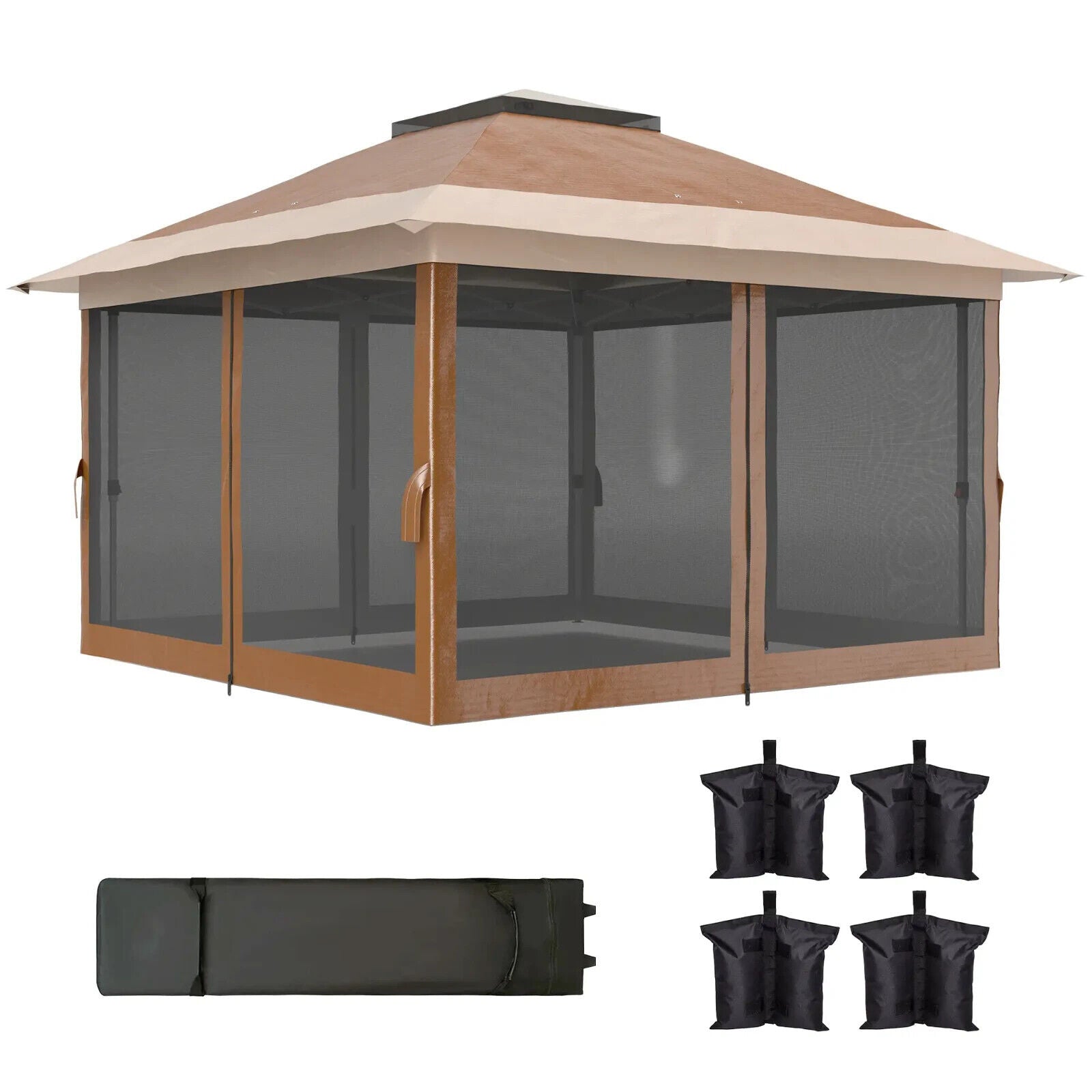 Heavy Duty Pop Up Gazebo with Netting Curtains 3.6 x 3.6m Garden Marquee Beige - Home and Garden Furniture Shop - #rustic - furniture#