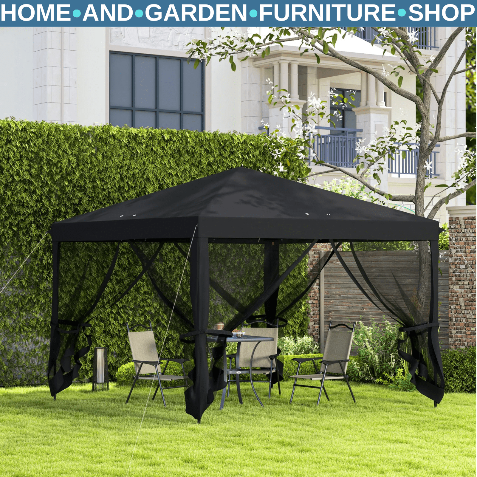 Heavy Duty Pop Up Gazebo with Removable Mesh Sidewall Black Party Tent Marquee - Home and Garden Furniture Shop - rustic - furniture
