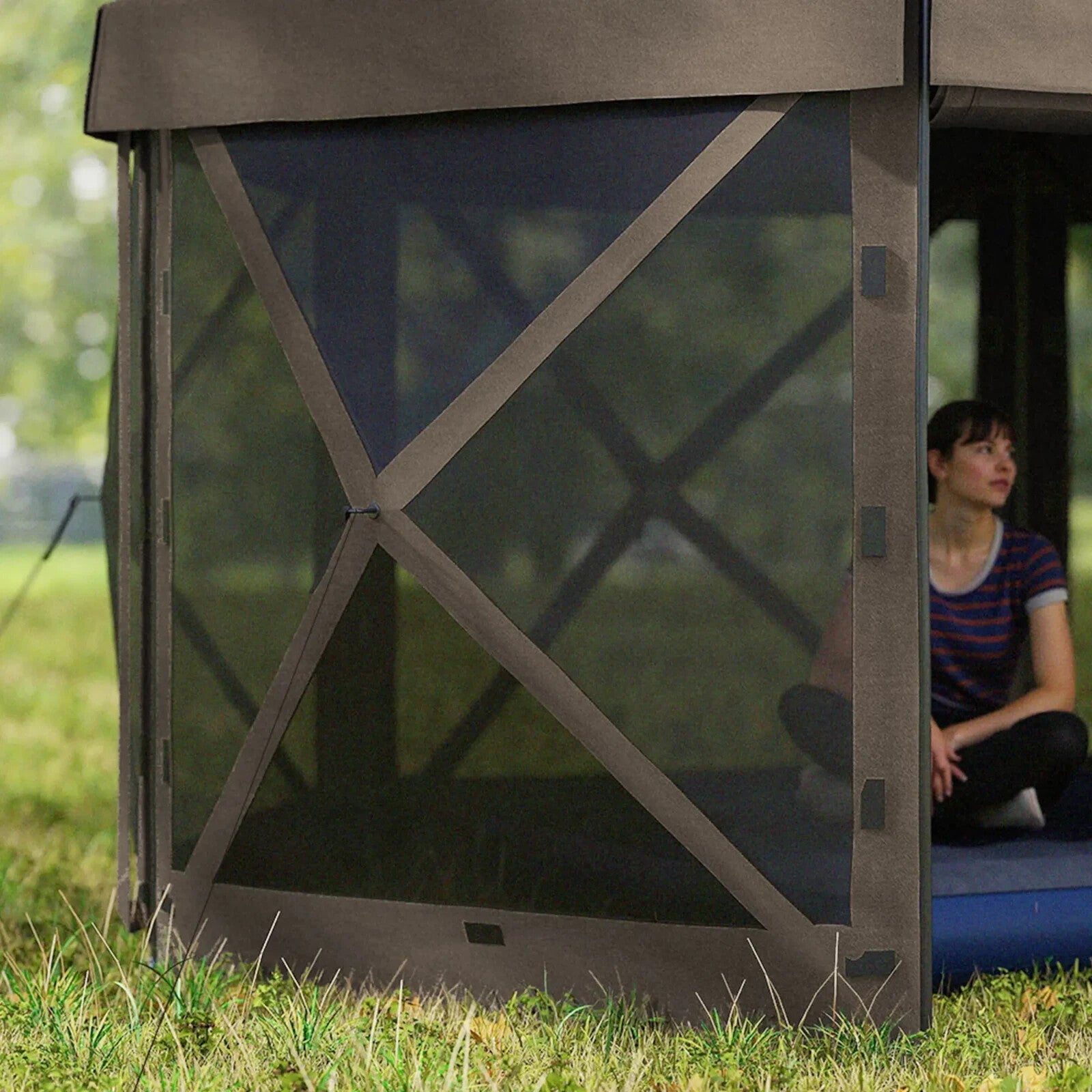 Hexagon Pop Up Gazebo with 5 Sides Netting Brown 3 x 3(m) Camping Shelter Cover - Home and Garden Furniture Shop - rustic - furniture