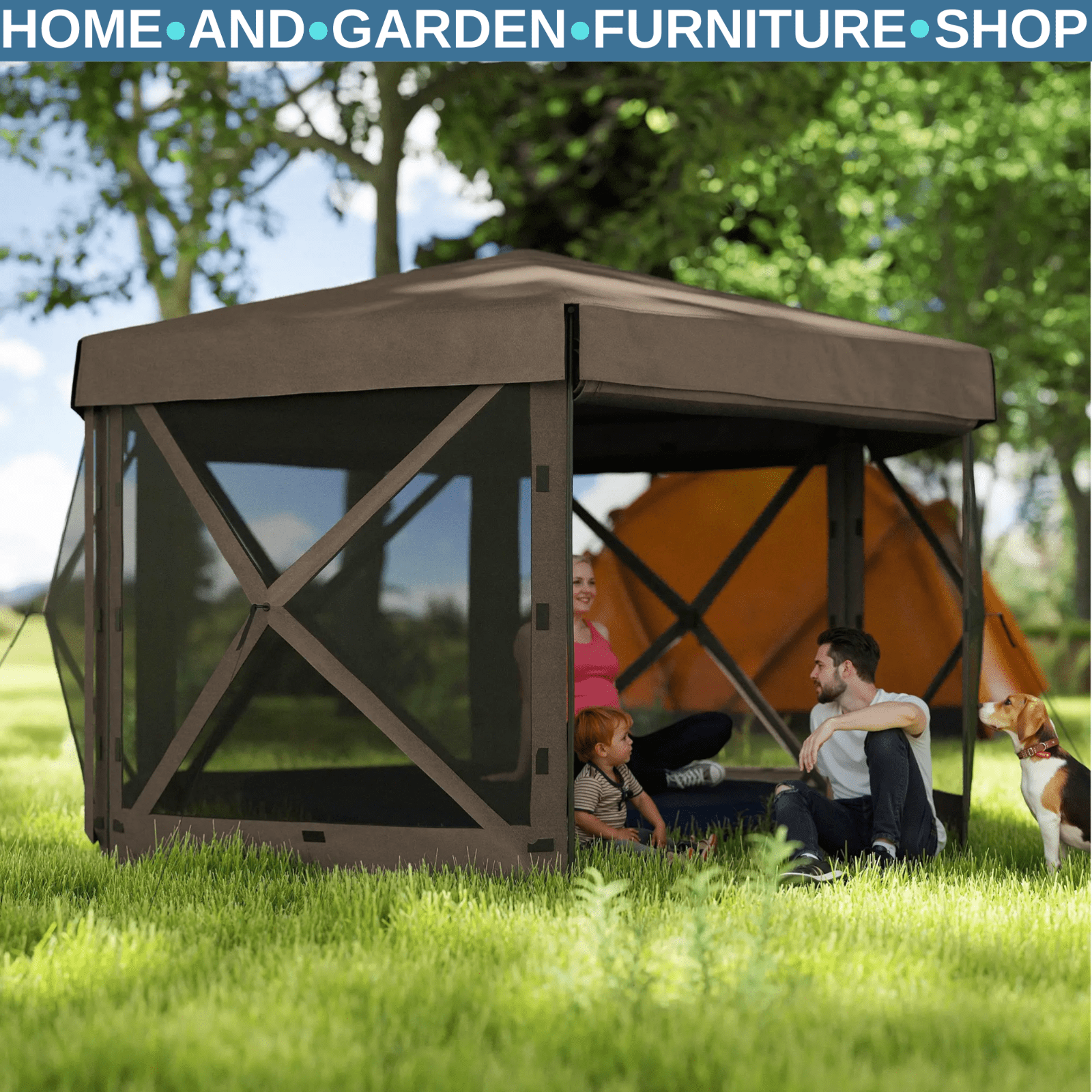 Hexagon Pop Up Gazebo with 5 Sides Netting Brown 3 x 3(m) Camping Shelter Cover - Home and Garden Furniture Shop - rustic - furniture
