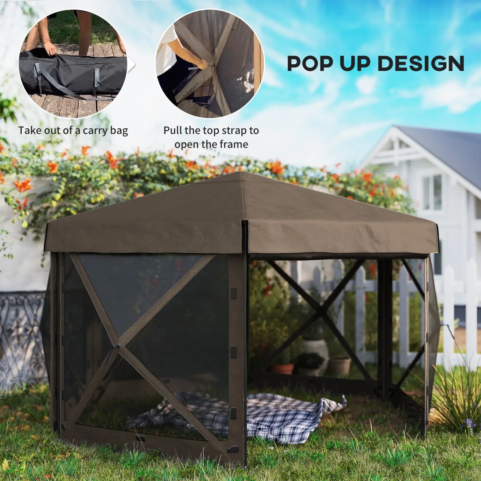 Hexagon Pop Up Gazebo with 5 Sides Netting Brown 3 x 3(m) Camping Shelter Cover - Home and Garden Furniture Shop - rustic - furniture