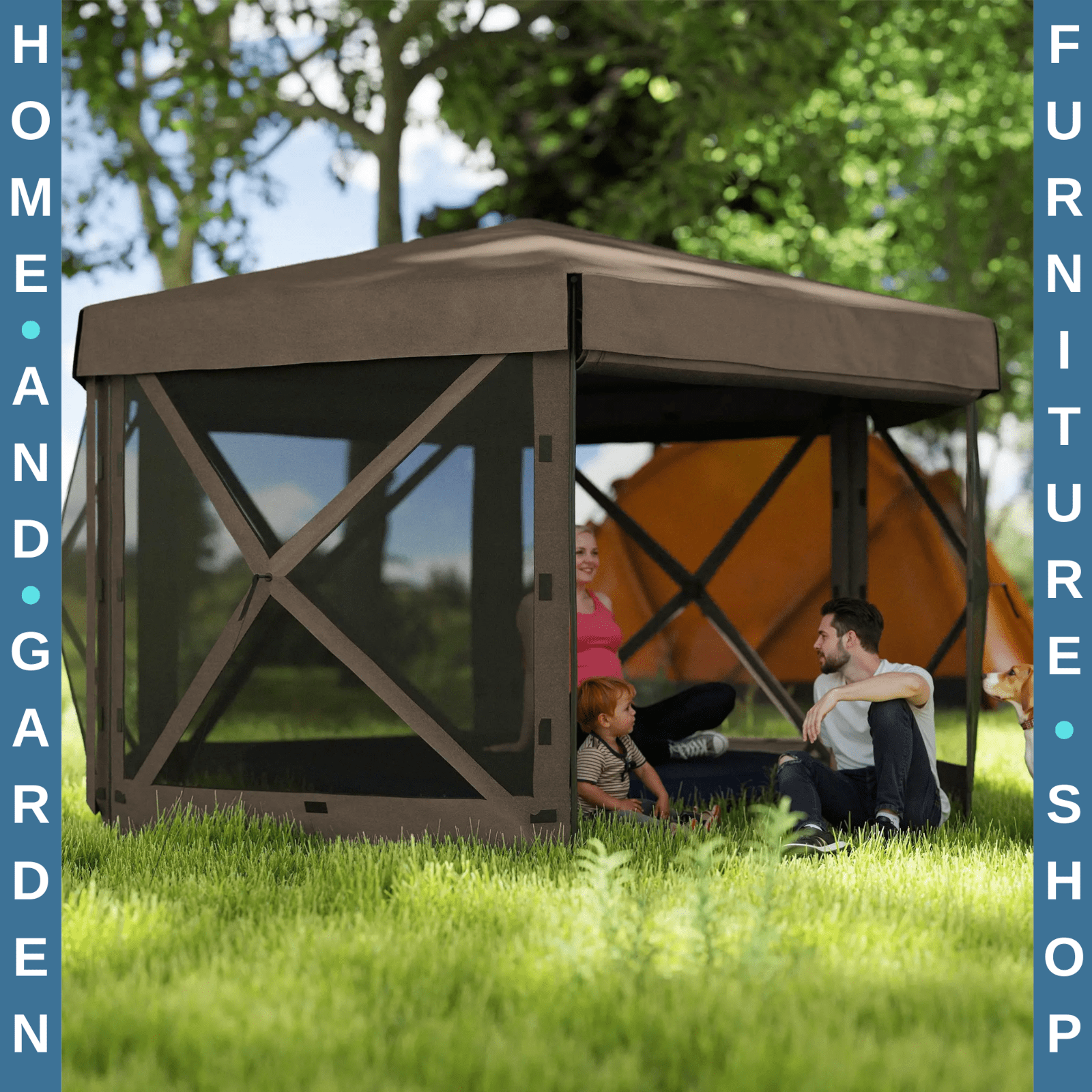 Hexagon Pop Up Gazebo with 5 Sides Netting Brown 3 x 3(m) Camping Shelter Cover - Home and Garden Furniture Shop - rustic - furniture