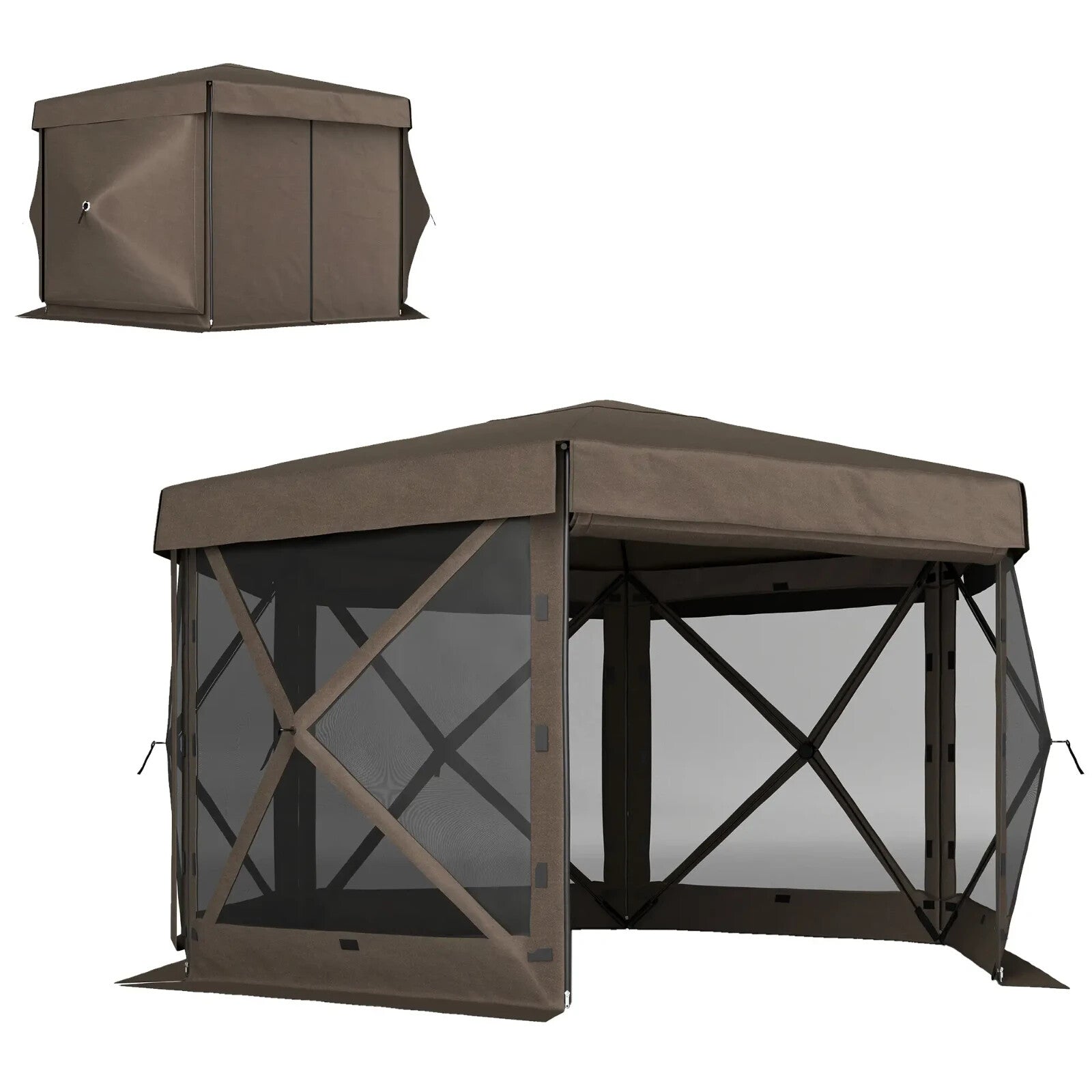 Hexagon Pop Up Gazebo with 5 Sides Netting Brown 3 x 3(m) Camping Shelter Cover - Home and Garden Furniture Shop - rustic - furniture