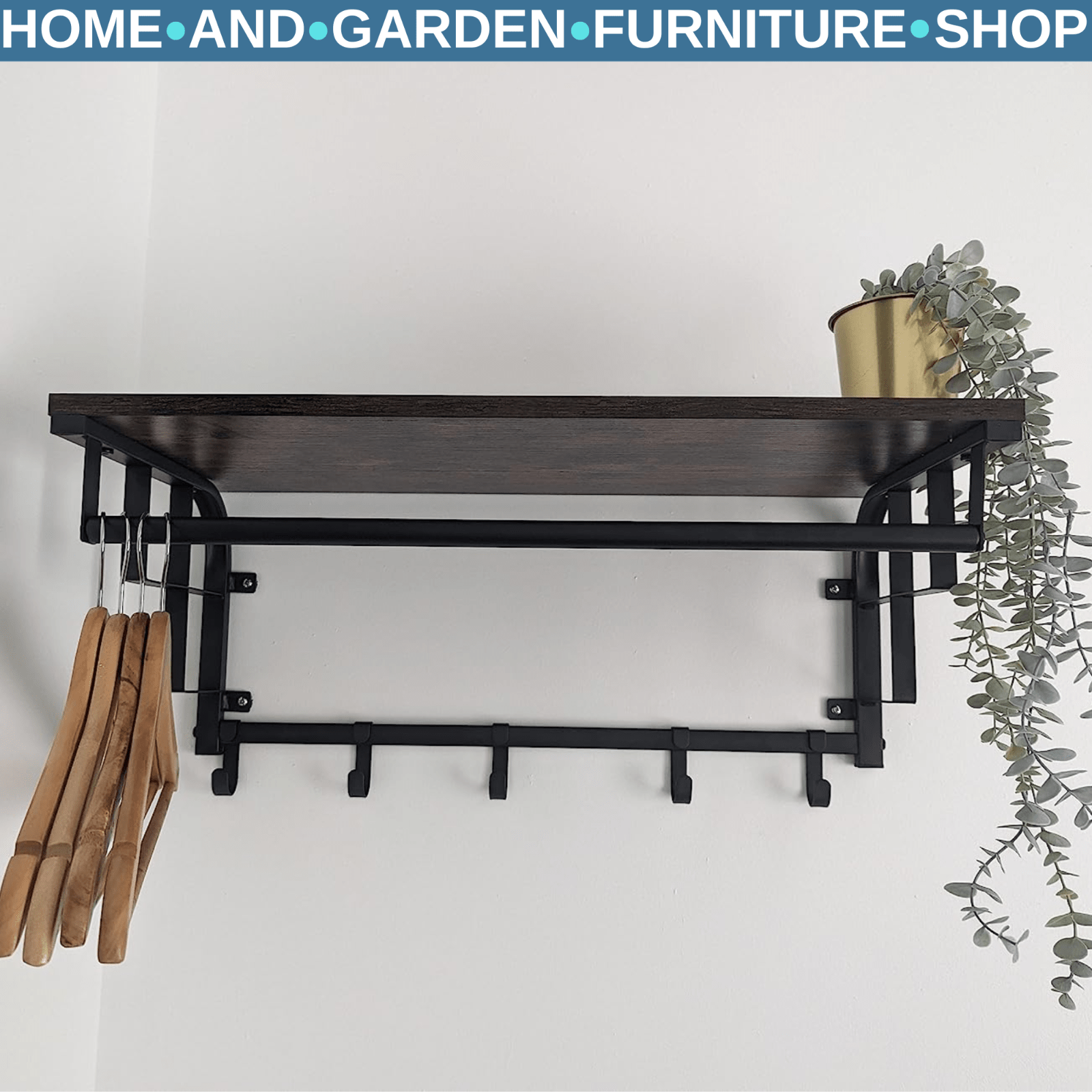 Industrial Coat Rack Hanging Rail Wall Mounted 5 Hooks Rustic Brown Shelf Hats - Home and Garden Furniture Shop - rustic - furniture
