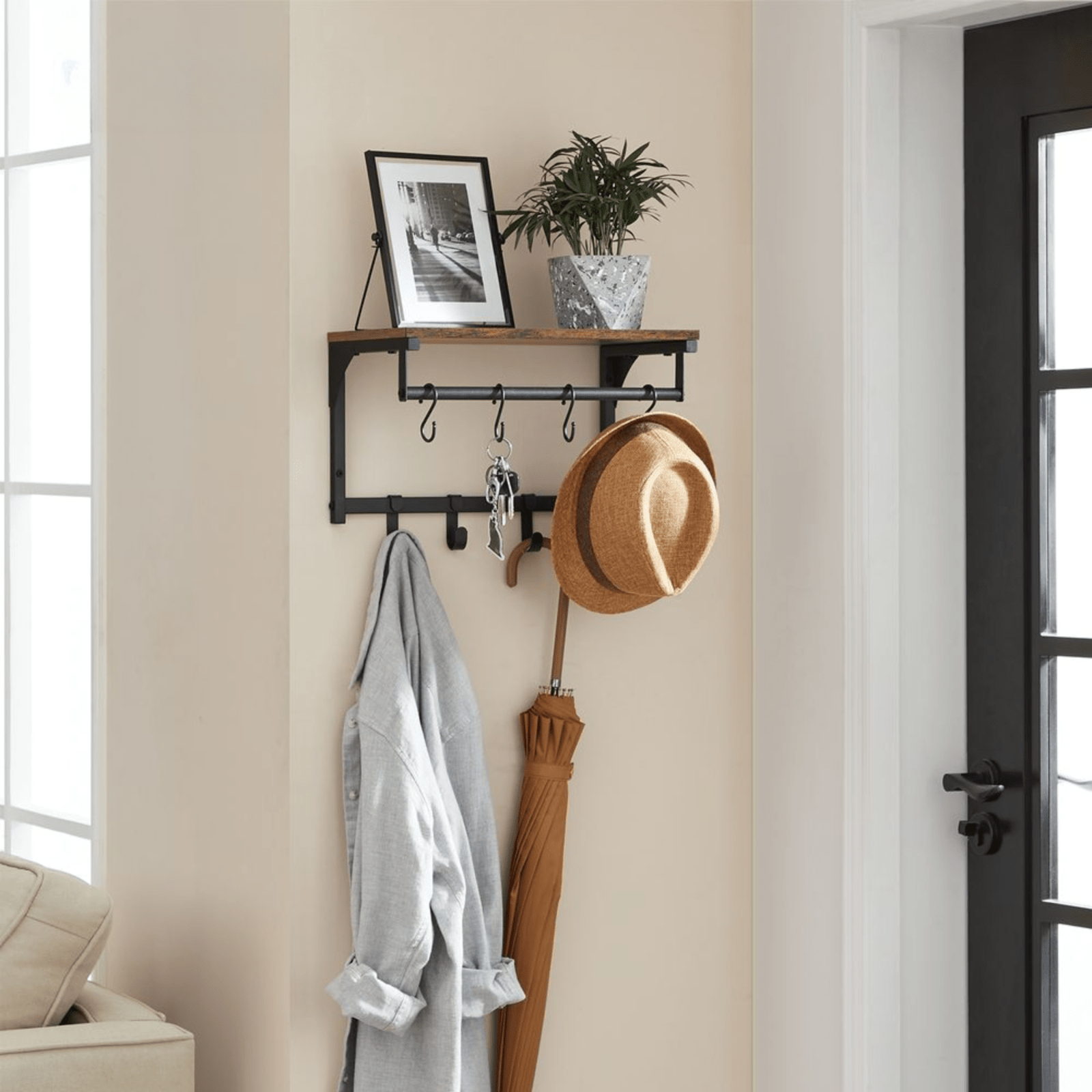 Industrial Coat Rack Hanging Rail Wall Mounted 8 Hooks Rustic Brown Shelf Hats - Home and Garden Furniture Shop - #rustic - furniture#