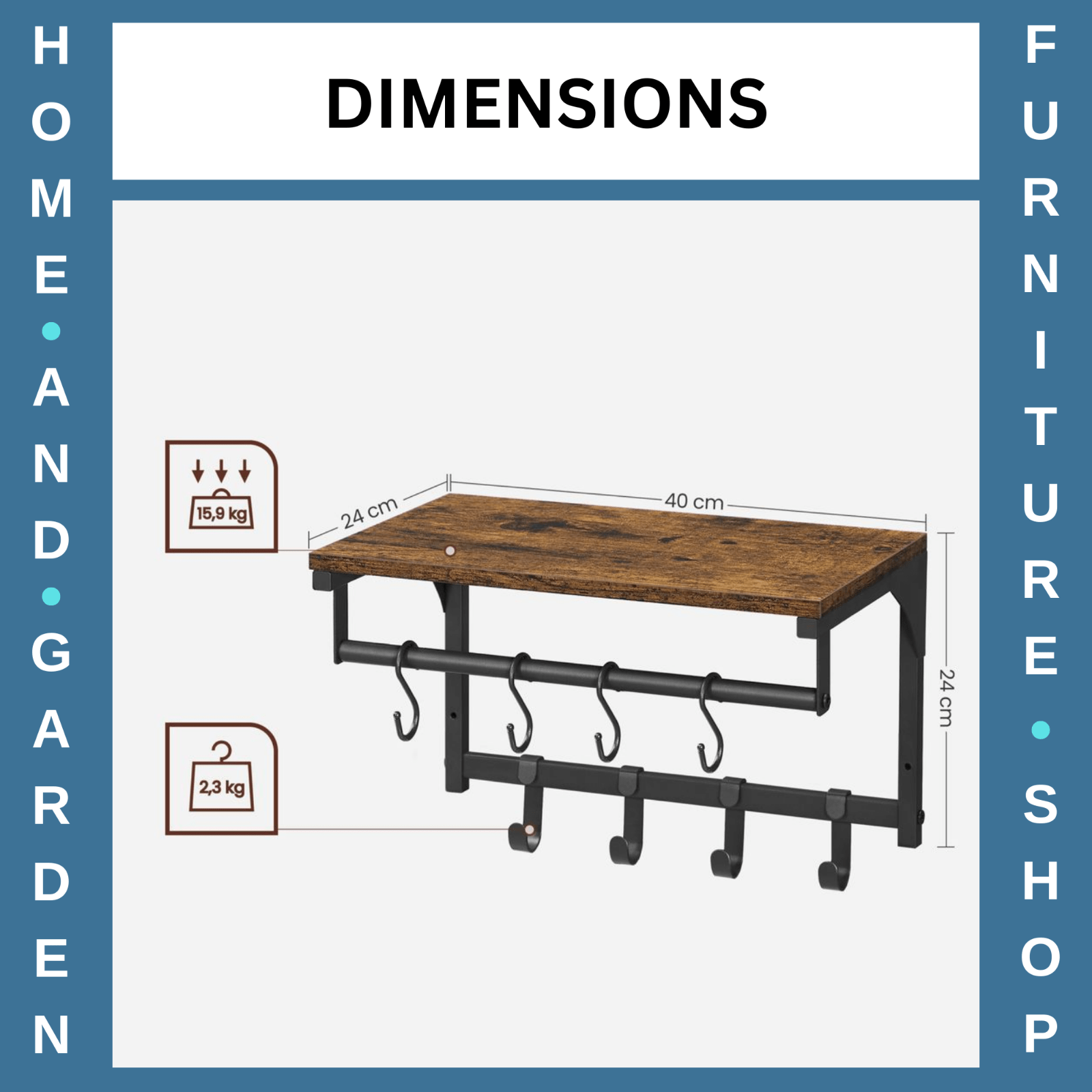 Industrial Coat Rack Hanging Rail Wall Mounted 8 Hooks Rustic Brown Shelf Hats - Home and Garden Furniture Shop - #rustic - furniture#