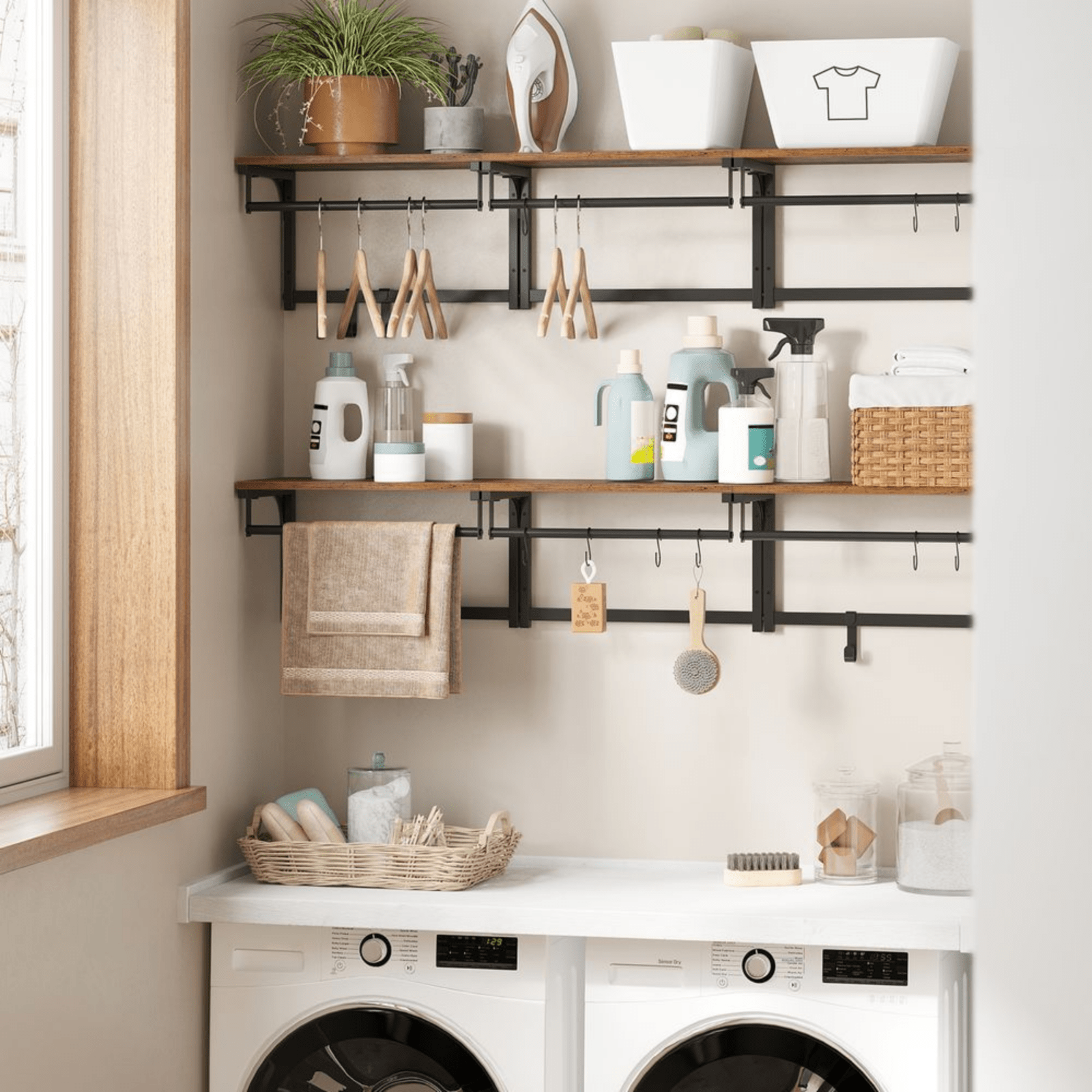 Industrial Coat Rack Hanging Rail Wall Mounted 8 Hooks Rustic Brown Shelf Hats - Home and Garden Furniture Shop - #rustic - furniture#