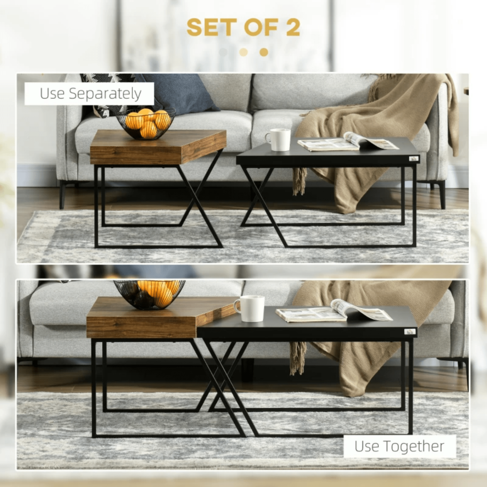 Industrial Coffee Table Set of 2 Rustic Brown Side Tables Living Room Sofa End - Home and Garden Furniture Shop - rustic - furniture
