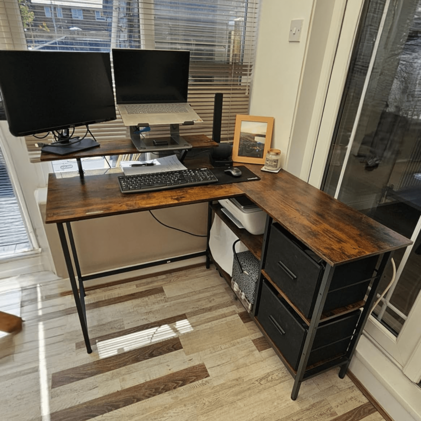 Industrial L Shaped Computer Desk with Drawers Rustic Brown Desk Monitor Stand - Home and Garden Furniture Shop - rustic - furniture