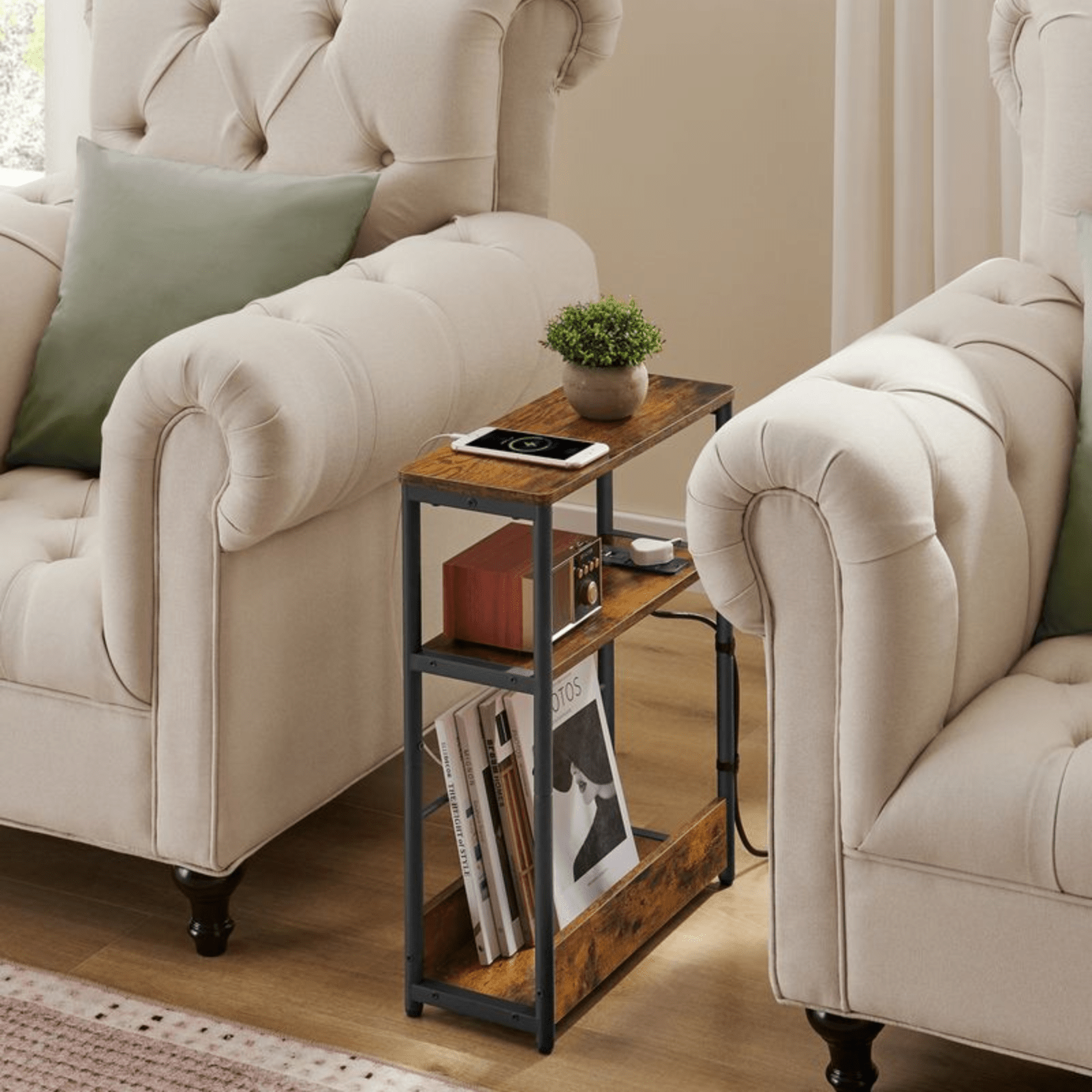 Industrial Narrow Sofa Side Table Shelf Plug Socket USB Rustic Bedside End Table - Home and Garden Furniture Shop - rustic - furniture