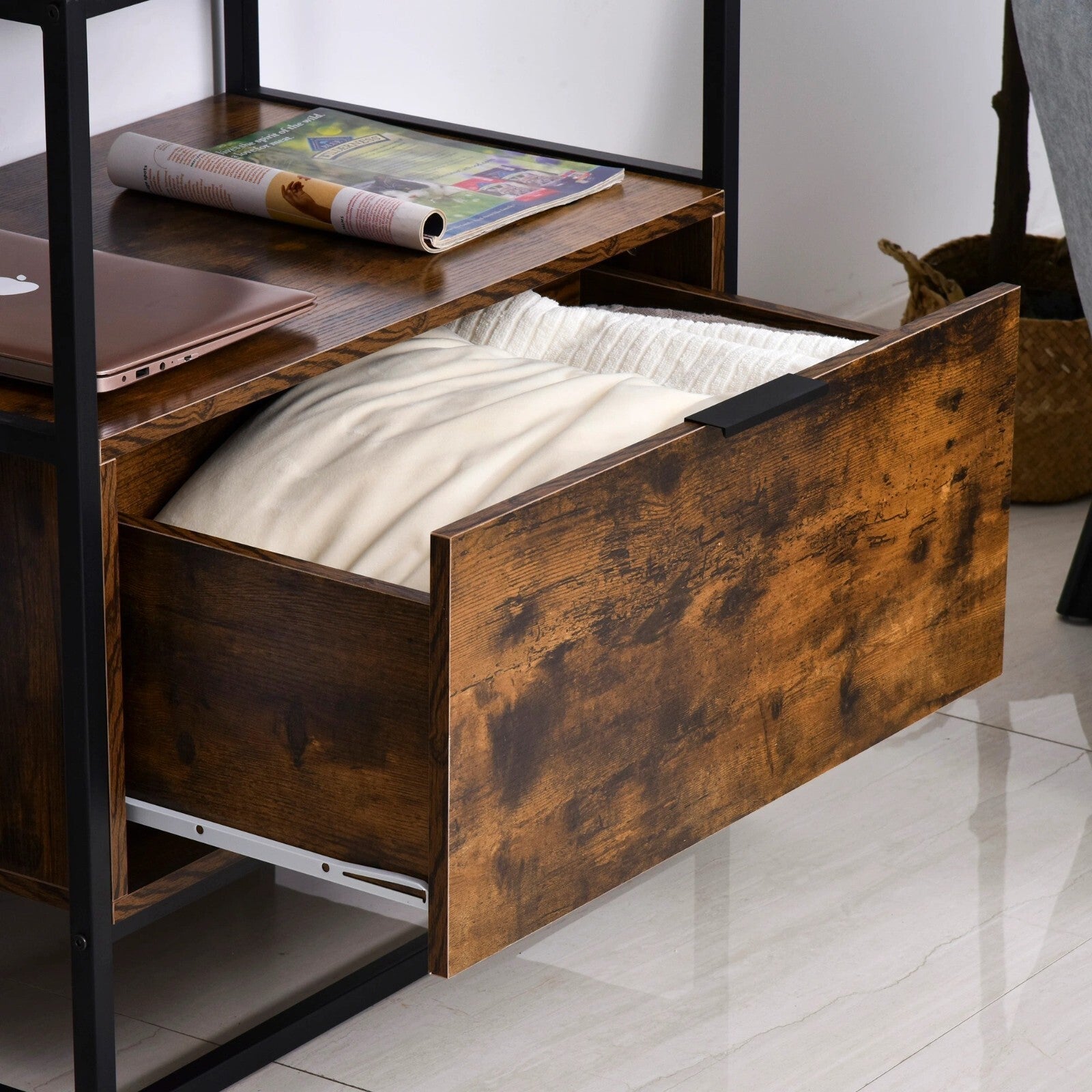 Industrial Side Table Retro Storage Unit with Metal Legs Large Drawer Open Shelf - Home and Garden Furniture Shop - rustic - furniture