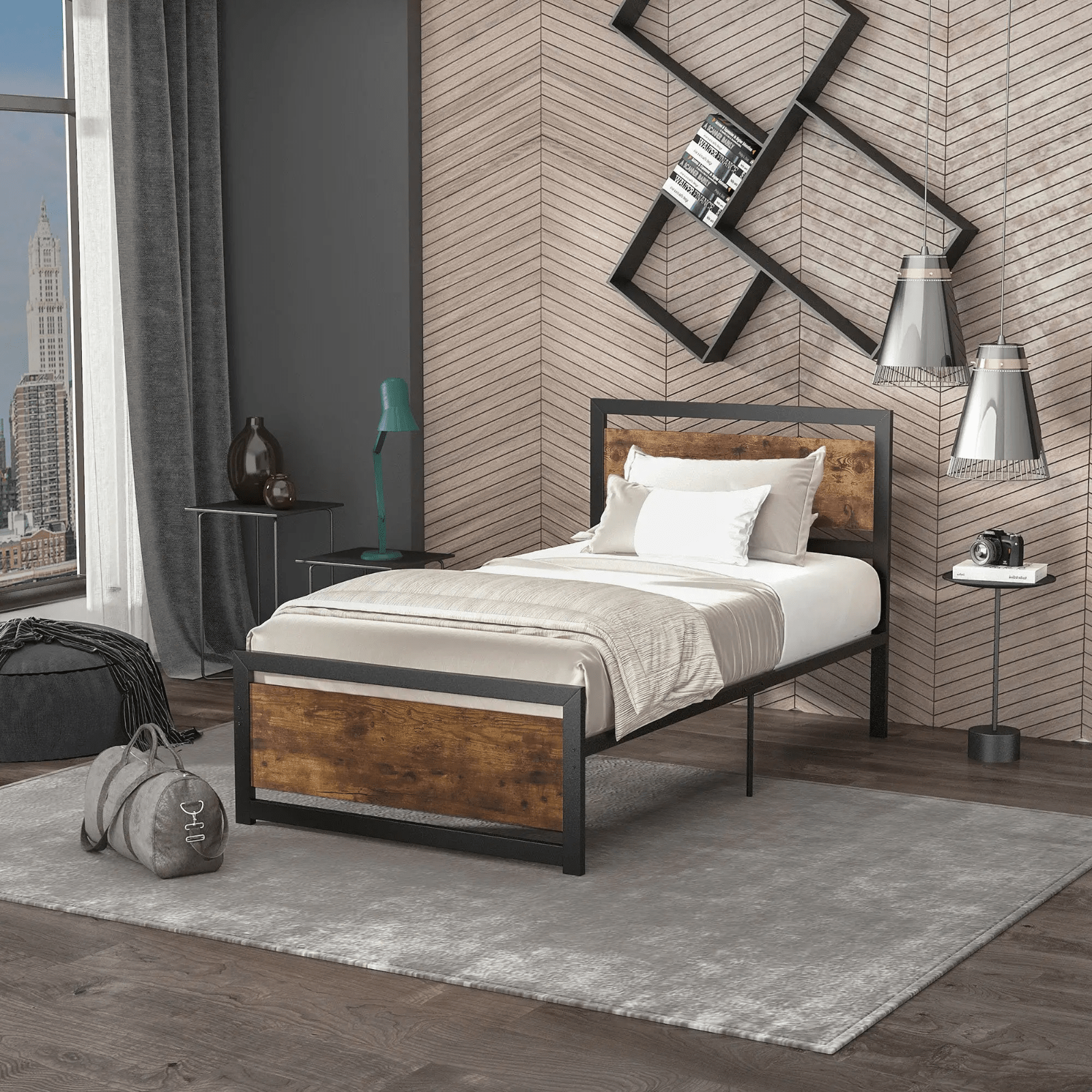 Industrial Single Size Bed Metal Frame Slat Wooden Headboard Footboard Raised - Home and Garden Furniture Shop - rustic - furniture