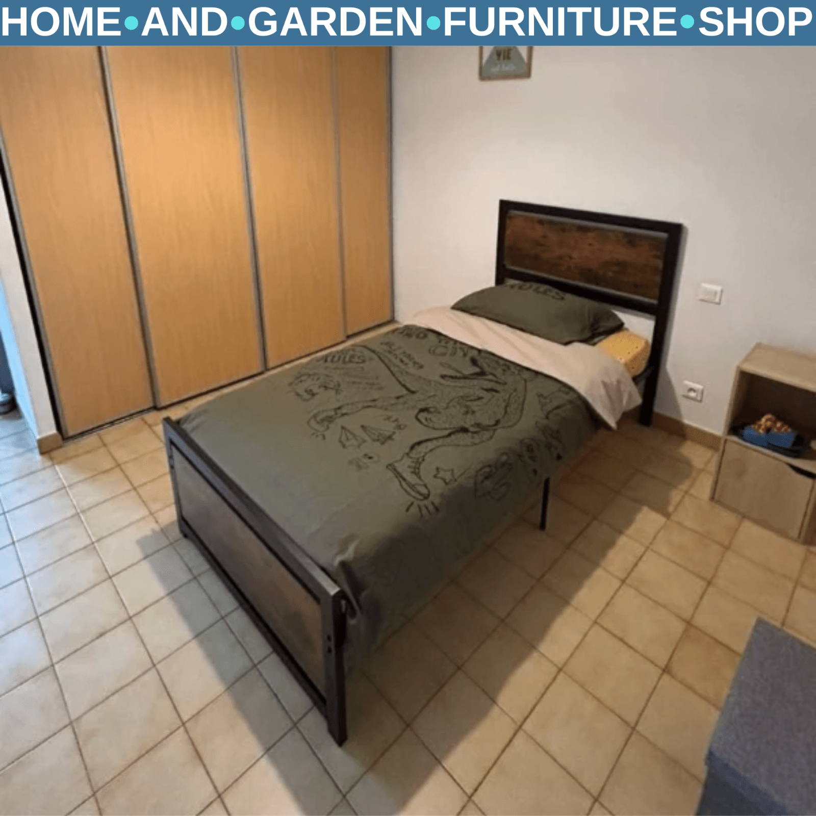 Industrial Single Size Bed Metal Frame Slat Wooden Headboard Footboard Raised - Home and Garden Furniture Shop - rustic - furniture