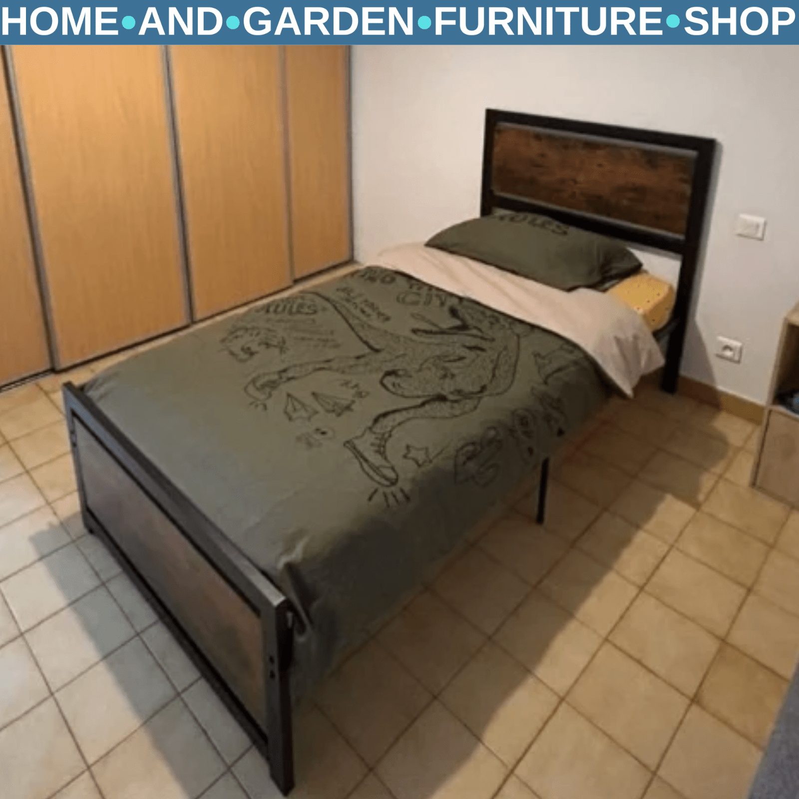 Industrial Single Size Bed Metal Frame Slat Wooden Headboard Footboard Raised - Home and Garden Furniture Shop - rustic - furniture