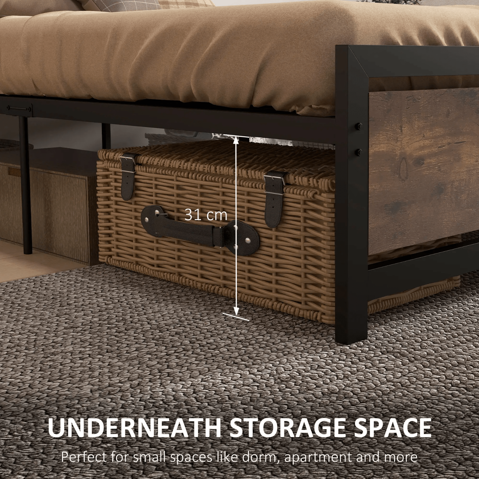 Industrial Single Size Bed Metal Frame Slat Wooden Headboard Footboard Raised - Home and Garden Furniture Shop - rustic - furniture