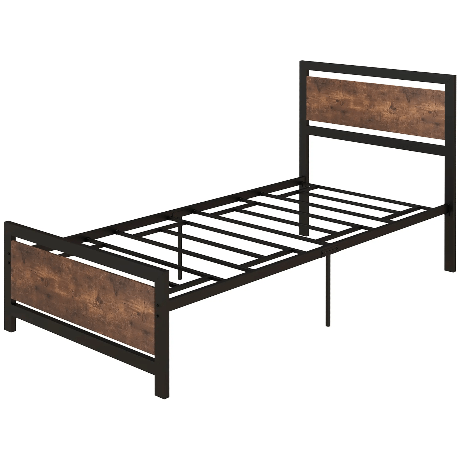 Industrial Single Size Bed Metal Frame Slat Wooden Headboard Footboard Raised - Home and Garden Furniture Shop - rustic - furniture