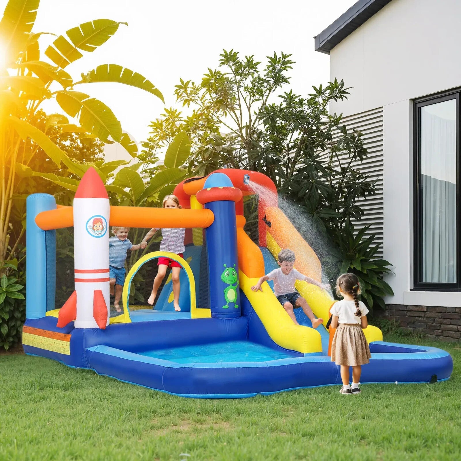 Inflatable Bouncy Trampoline Castle Tear - Resistant With Slide Pool Multi - Colour - Home and Garden Furniture Shop - rustic - furniture