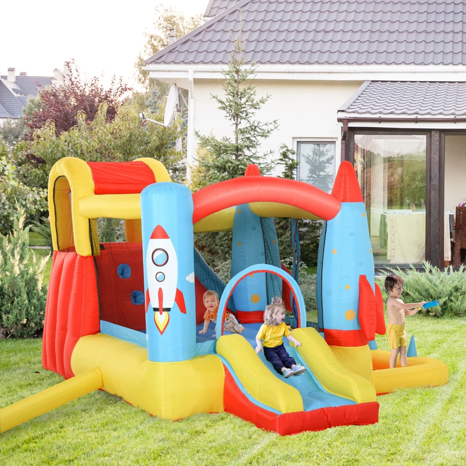 Inflatable Rocket Bounce Castle with Trampoline Slide and Pool 3.4 x 2.8 x 1.85m - Home and Garden Furniture Shop - rustic - furniture