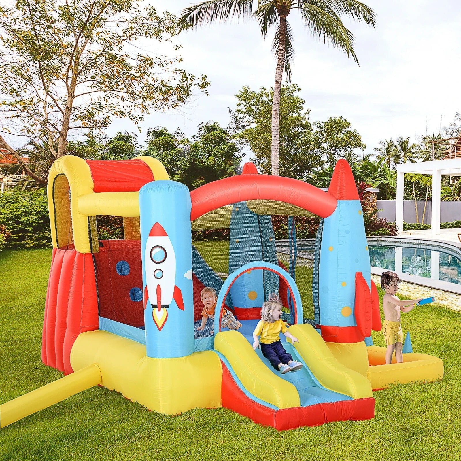 Inflatable Rocket Bounce Castle with Trampoline Slide and Pool 3.4 x 2.8 x 1.85m - Home and Garden Furniture Shop - rustic - furniture