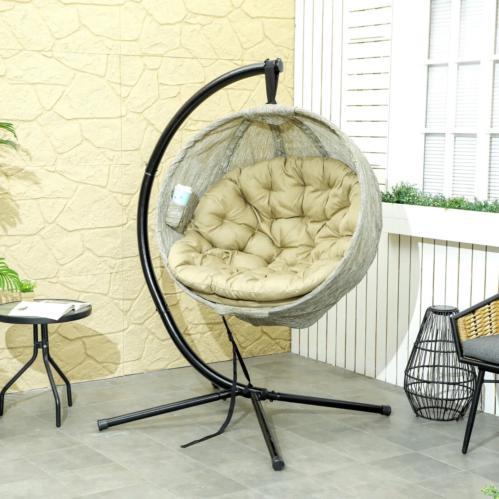 Khaki Hanging Egg Chair Outdoor Garden Conservatory Folding Basket and Cushion - Home and Garden Furniture Shop - #rustic - furniture#