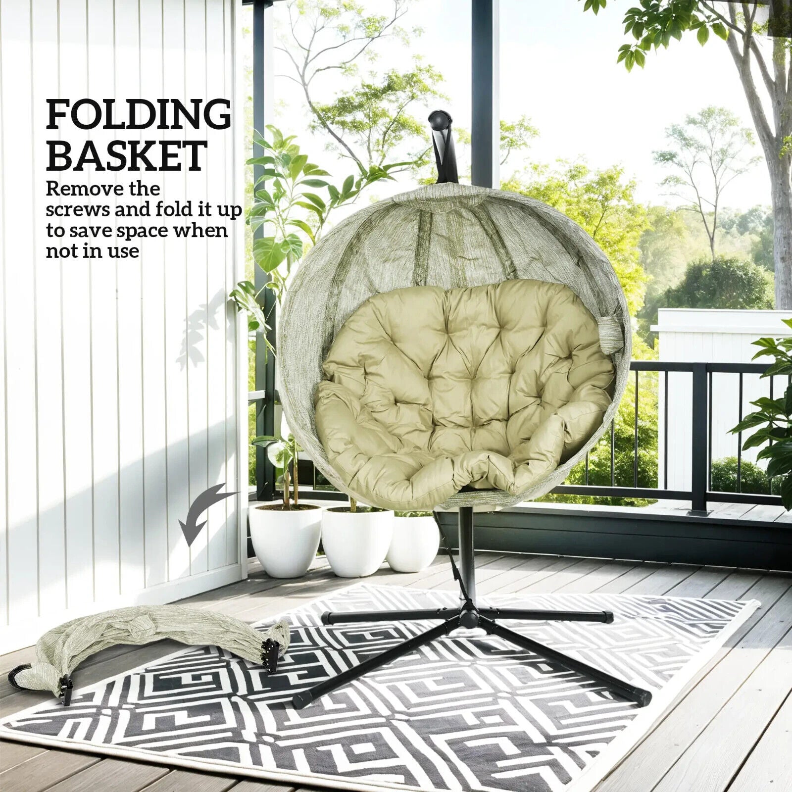 Khaki Hanging Egg Chair Outdoor Garden Conservatory Folding Basket and Cushion - Home and Garden Furniture Shop - #rustic - furniture#