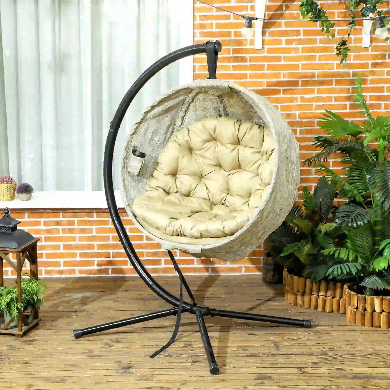 Khaki Hanging Egg Chair Outdoor Garden Conservatory Folding Basket and Cushion - Home and Garden Furniture Shop - #rustic - furniture#