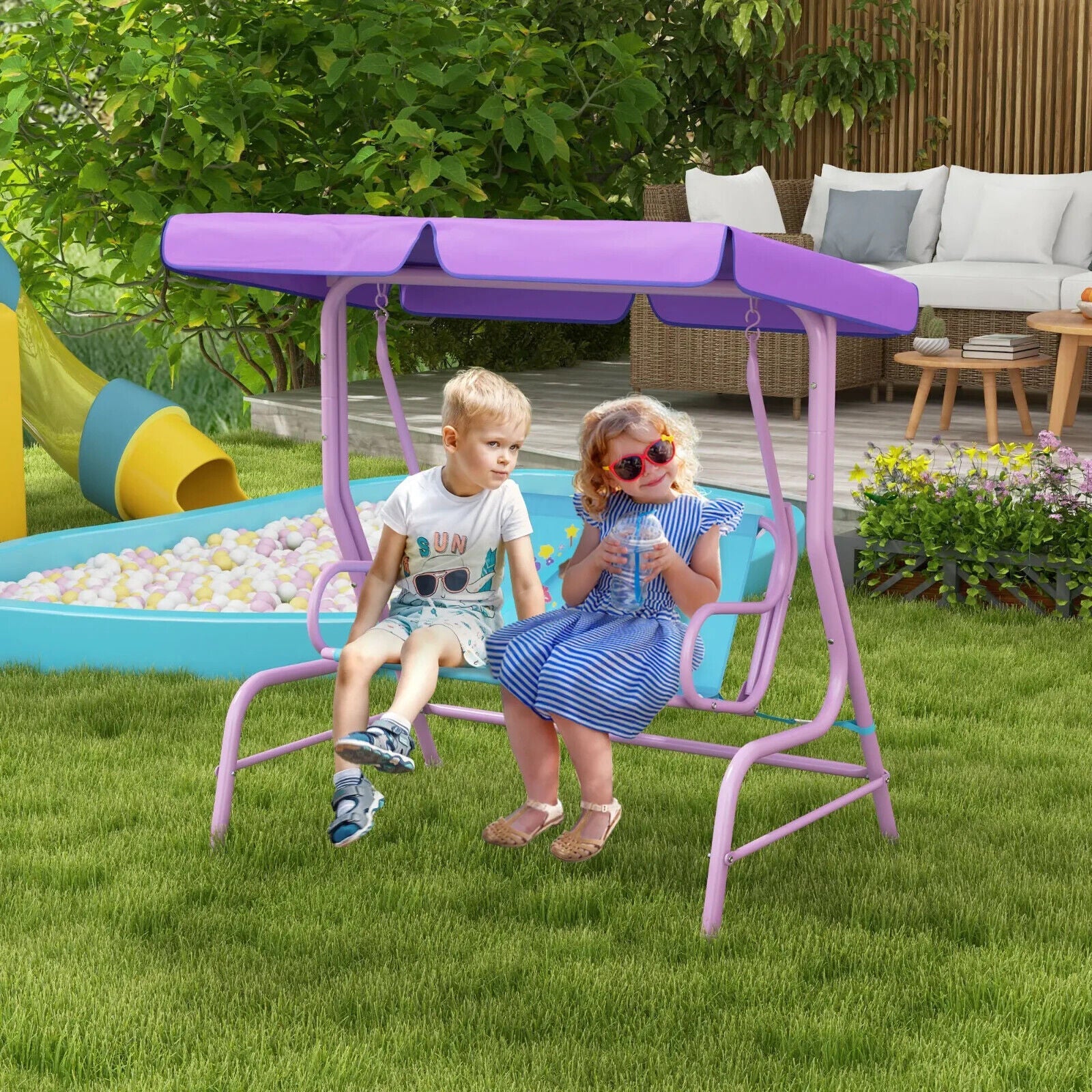 Kids Garden Swing Bench with Adjustable Canopy Safety Belts Fairy Themed Chair - Home and Garden Furniture Shop - #rustic - furniture#