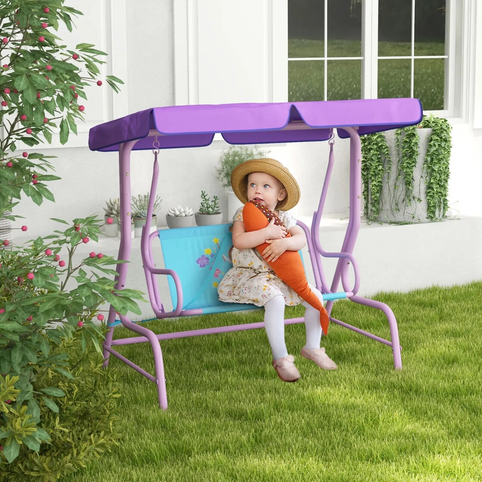 Kids Garden Swing Bench with Adjustable Canopy Safety Belts Fairy Themed Chair - Home and Garden Furniture Shop - #rustic - furniture#