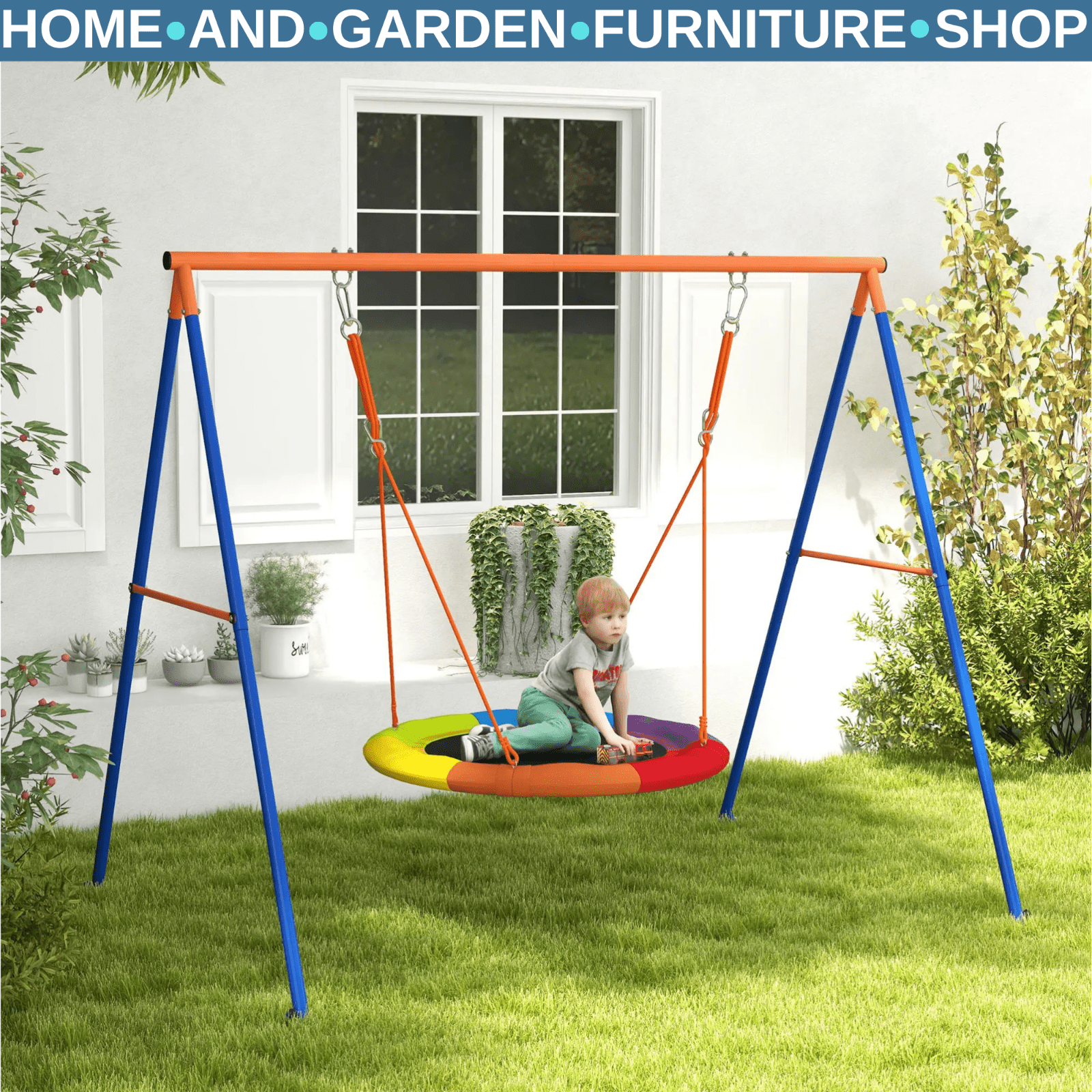 Kids Nest Swing Seat with A - Frame Structure Outdoor Play Equipment Multicoloured - Home and Garden Furniture Shop - rustic - furniture