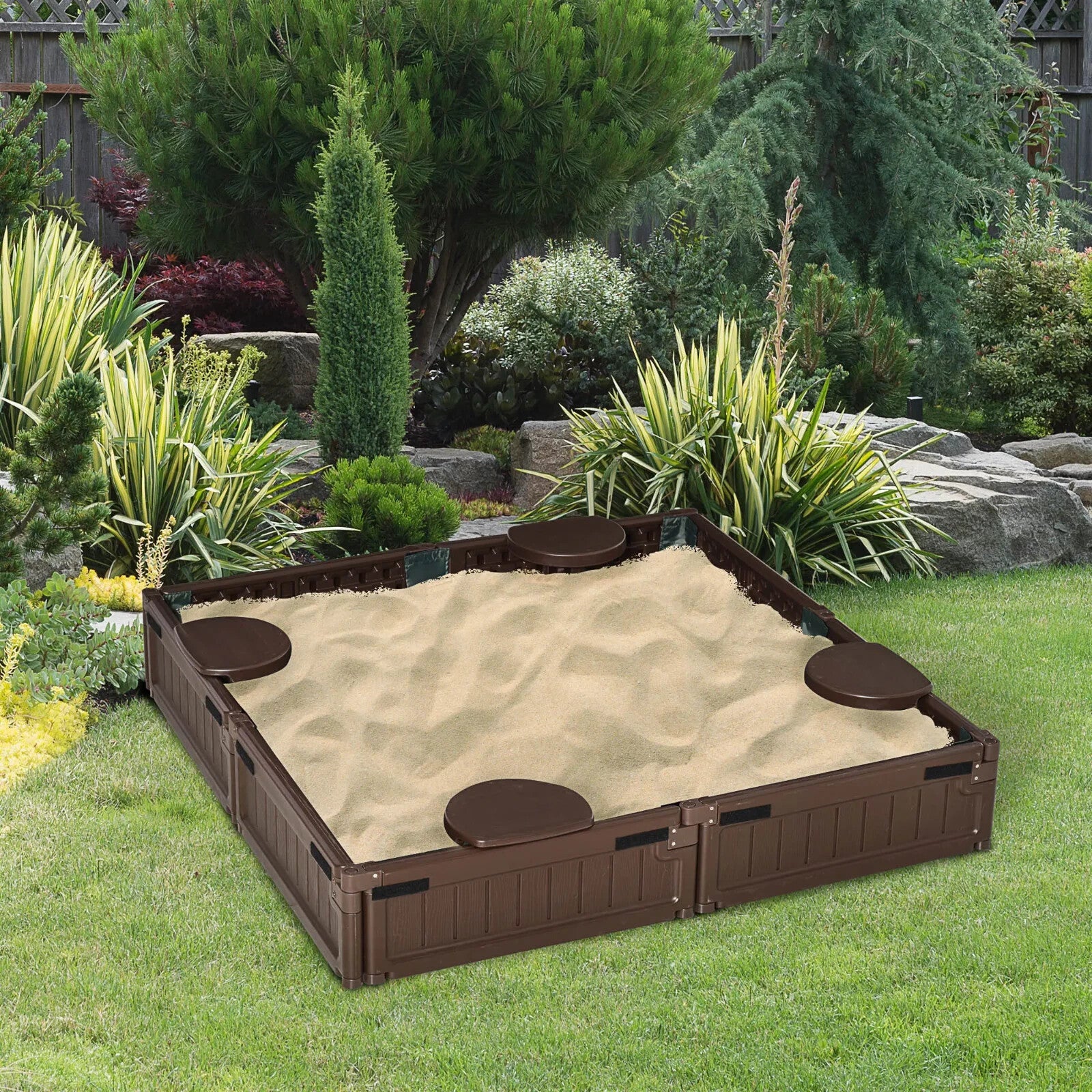 Kids Outdoor Sandbox with Canopy and Bottom Fabric Liner 123x123x21 cm Ages 3 - 12 - Home and Garden Furniture Shop - rustic - furniture