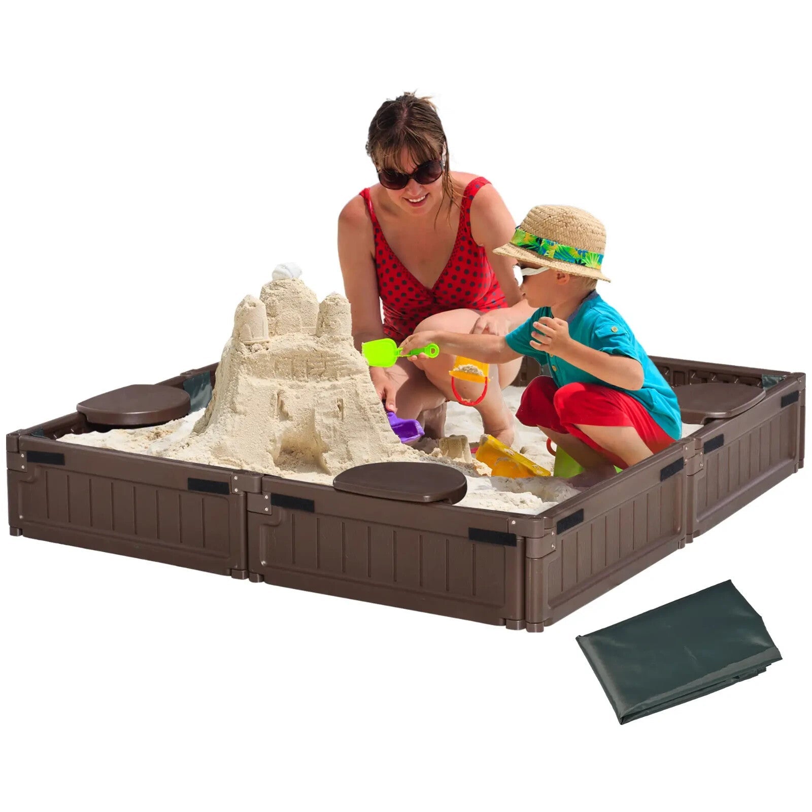 Kids Outdoor Sandbox with Canopy and Bottom Fabric Liner 123x123x21 cm Ages 3 - 12 - Home and Garden Furniture Shop - rustic - furniture