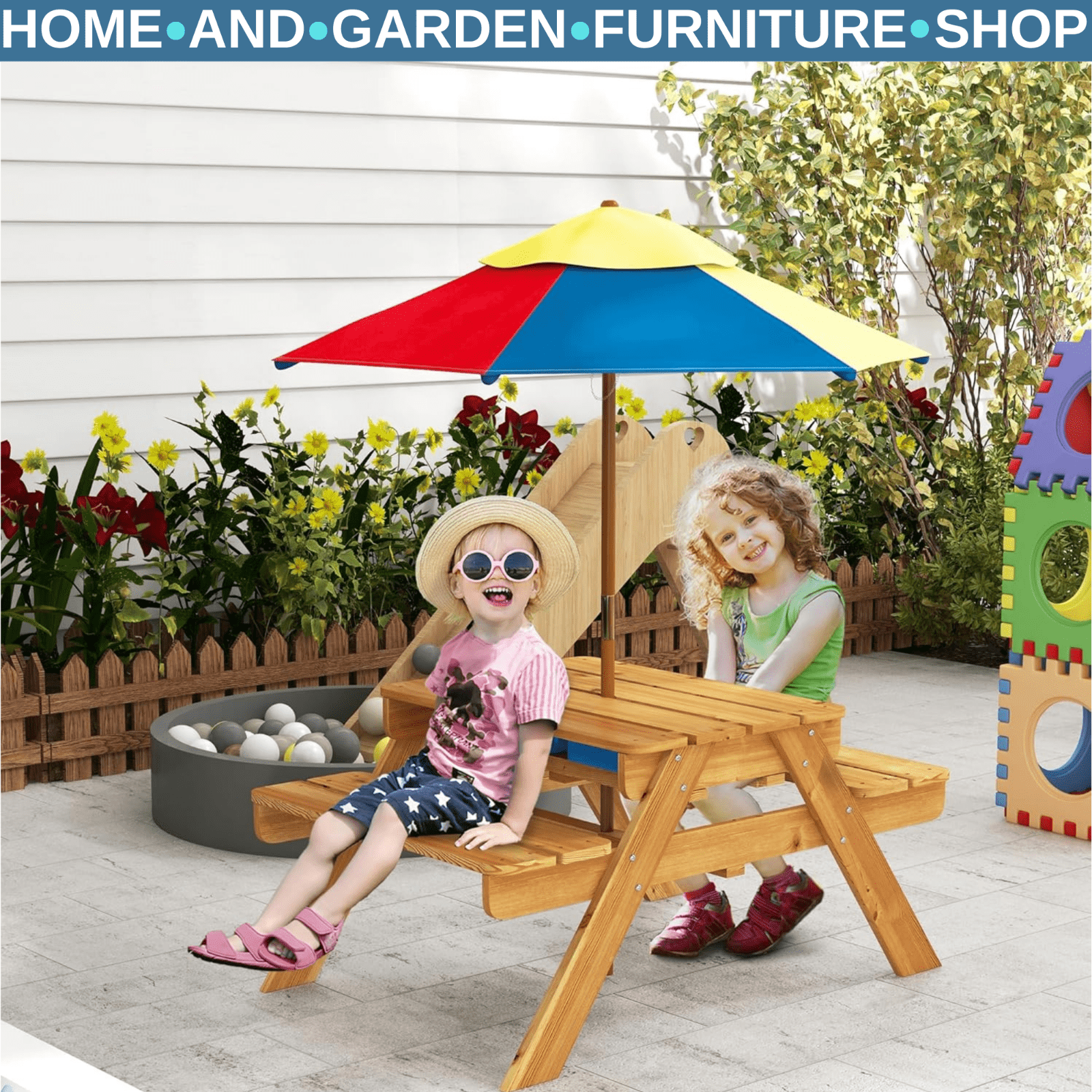 Kids Picnic Table Set with Sand and Water Play and Removable Parasol for Outdoor - Home and Garden Furniture Shop - rustic - furniture