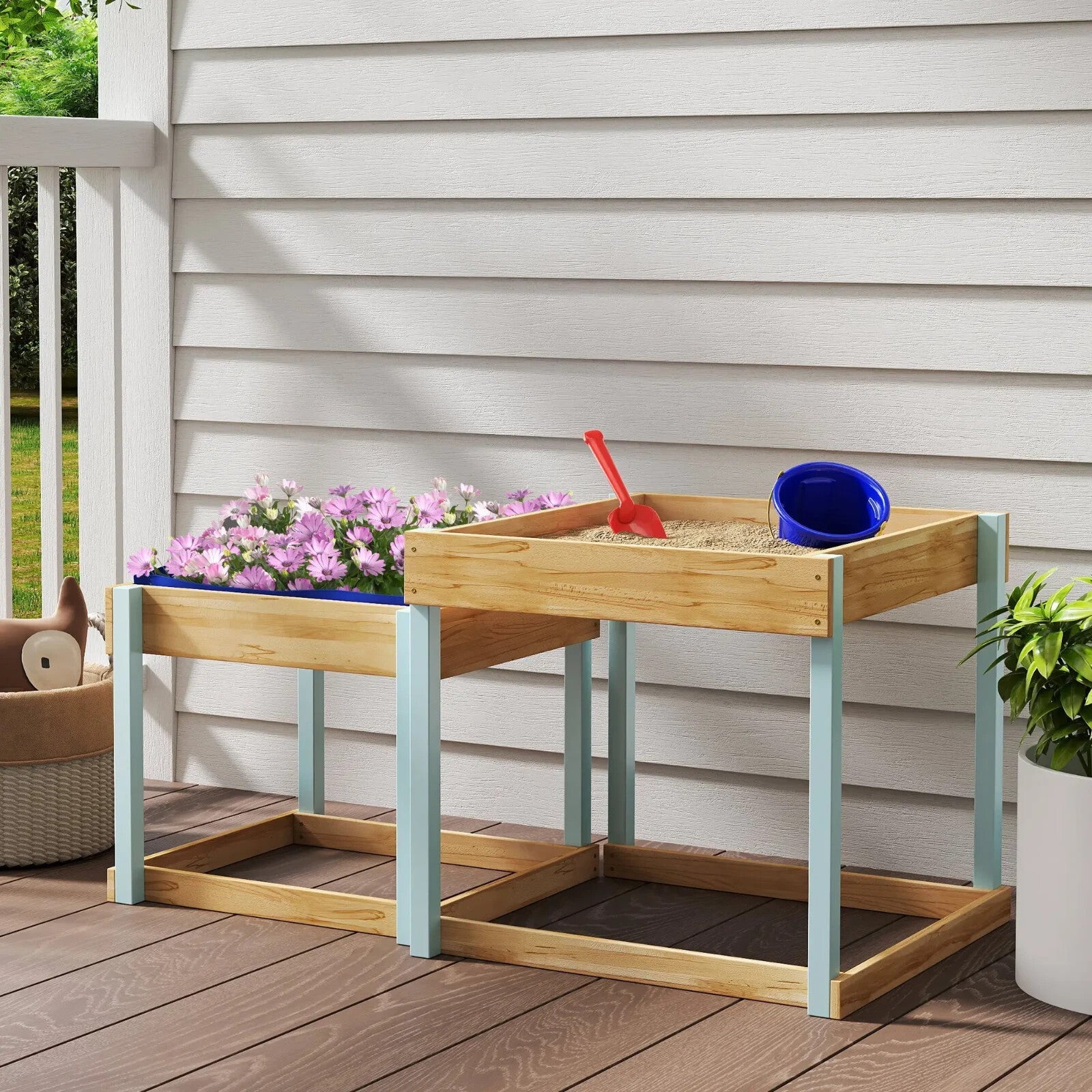 Kids Sand pit Set 2 - Piece Play Tables with Bottom Liner Natural Wood Finish - Home and Garden Furniture Shop - rustic - furniture