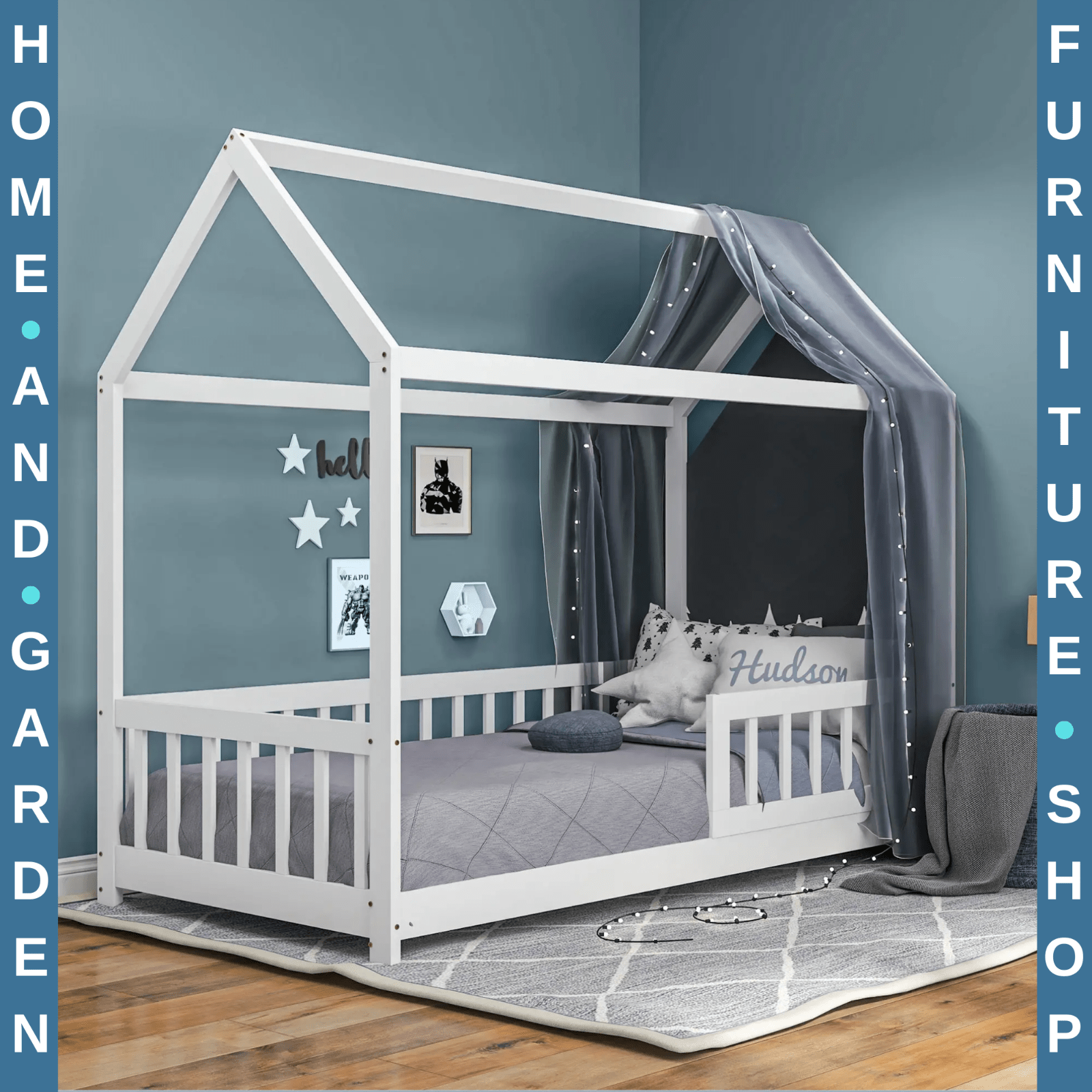 Kids Single Bed Painted Pine Wood House - Shaped Frame for Boys & Girls White - Home and Garden Furniture Shop - rustic - furniture