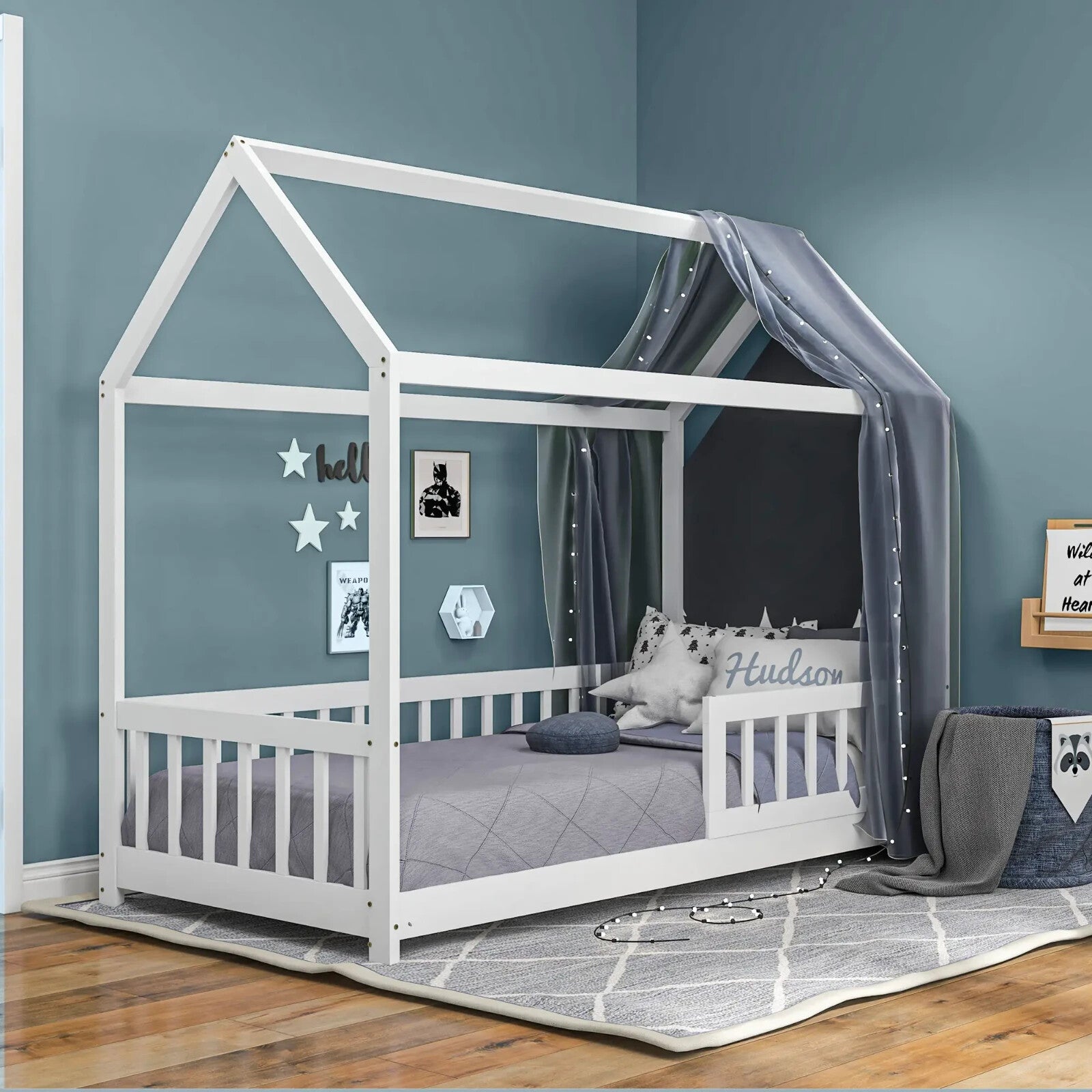 Kids Single Bed Painted Pine Wood House - Shaped Frame for Boys & Girls White - Home and Garden Furniture Shop - rustic - furniture